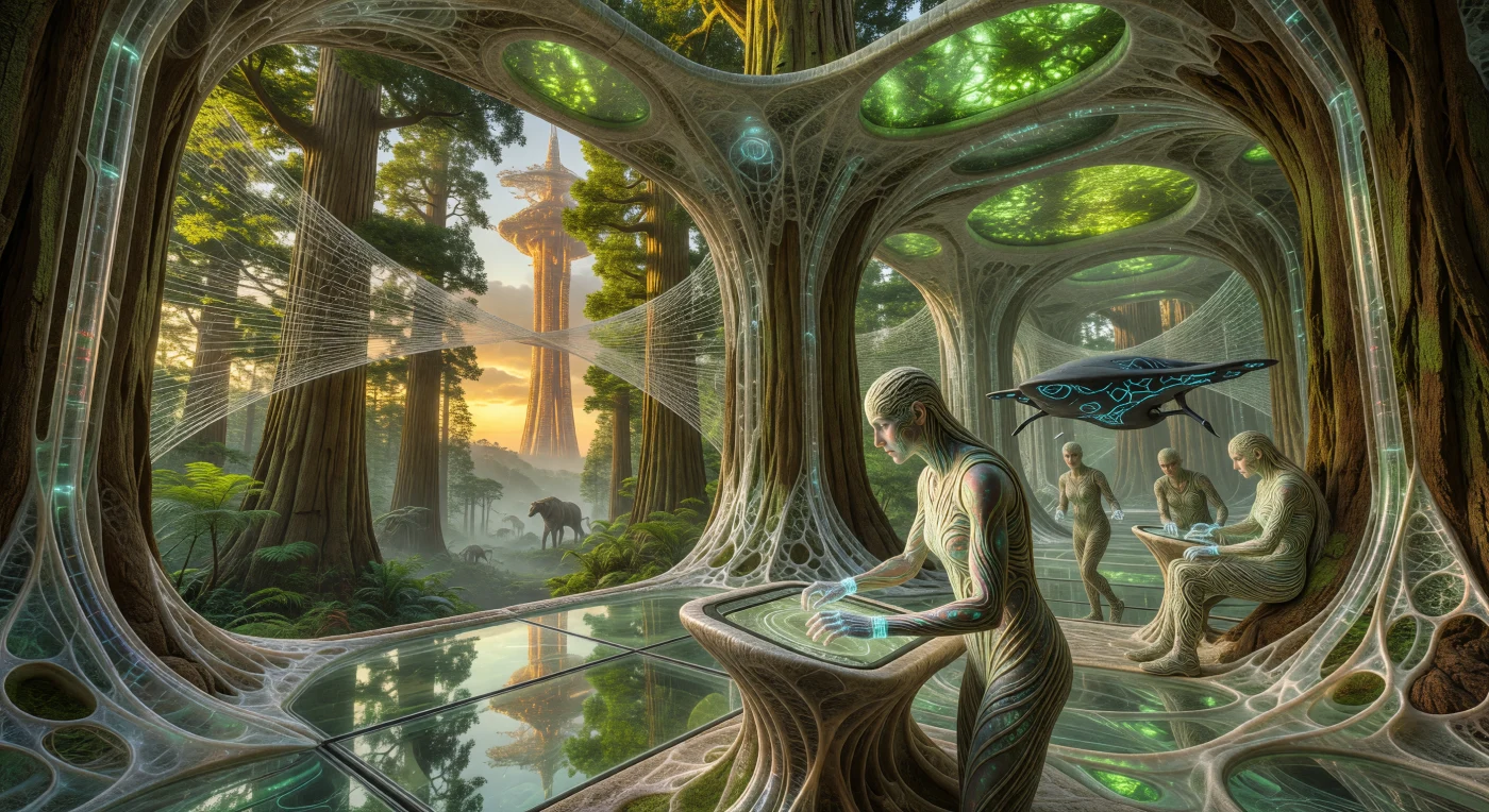 Set during the Convergence era (circa 2145), this scene illustrates the seamless integration of biotechnology and urbanism within a "Vertical Forest 2.0" research station. The interior of this genetically modified Sequoia is reinforced with a self-healing, translucent Biolith lattice and illuminated by oxygen-producing bioluminescent algae tanks. In the foreground, a post-Convergence human exhibiting iridescent "Fractal-Skin" dermal patterns interacts with a liquid-metal interface, while carbon-thread sky-bridges connect the massive trees 300 meters above a re-wilded forest floor.