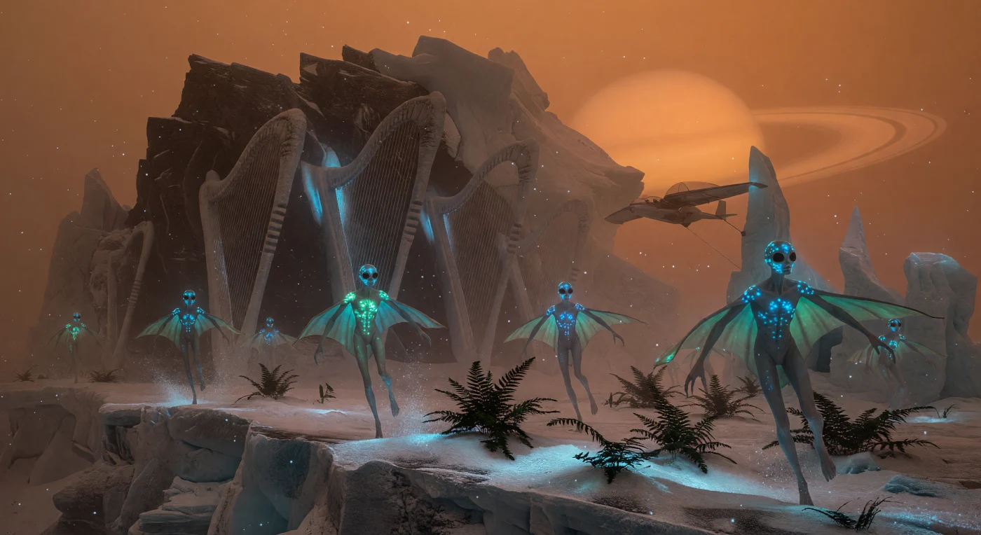 Set during the Great Divergence (2200–2500), this scene depicts a group of *Homo adaptus*—a post-human lineage bio-engineered for life on Titan—performing a ritual on the frozen, tholin-stained ridges of Xanadu. These three-meter-tall beings utilize wing-like patagia to navigate the moon’s dense nitrogen-methane atmosphere, their bioluminescent skin pulsing in rhythm with subsonic "Wind-Harps" carved into the granite-hard water ice. Under a perpetual orange haze and the thermal silhouette of Saturn, these inhabitants thrive in a 94 K environment, representing the peak of human biological adaptation to the extreme conditions of the outer Solar System.