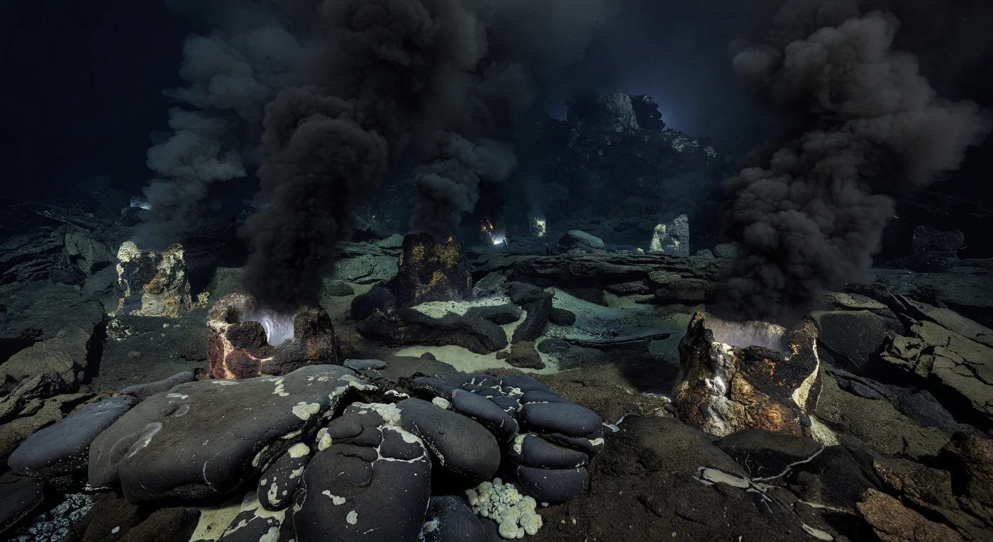 Langs een mid-oceanische rug in de Panthalassa zien we in het allerlaatste Perm, ongeveer 252 miljoen jaar geleden, een duister hydrothermaal landschap van glanzend zwarte kussenbasalten, broze sulfideschoorstenen en dichte zwarte rookpluimen die metaalrijke vloeistoffen de zuurstofarme diepzee in blazen. Bleke bacteriële matten en microbiële biofilms klampen zich vast rond de hete bronnen, terwijl fijne kiezelige modder en radiolariënslib zich ophopen in spleten tussen het jonge oceaankorstgesteente. Zulke ‘black smokers’ tonen hoe actief de Permische oceaanbodem was vlak voor de Grootste Massa-extinctie, toen extreme milieuveranderingen het leven op aarde ingrijpend zouden ontwrichten.