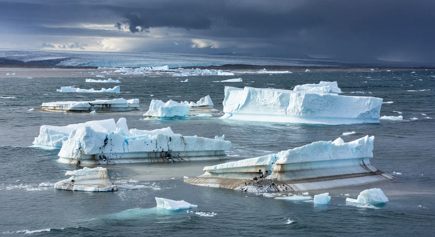 During a Heinrich event in the Late Pleistocene, roughly 70,000–15,000 years ago, armadas of icebergs discharged from the Laurentide Ice Sheet drifted across the stormy North Atlantic. This scene shows debris-laden bergs—some tabular, others irregular—releasing mud, gravel, and larger stones into near-freezing seawater, a process that produced the ice-rafted debris layers found in seafloor sediments today. Such episodes reflect major disruptions in glacial stability and freshwater delivery that could influence ocean circulation and climate across the North Atlantic region.