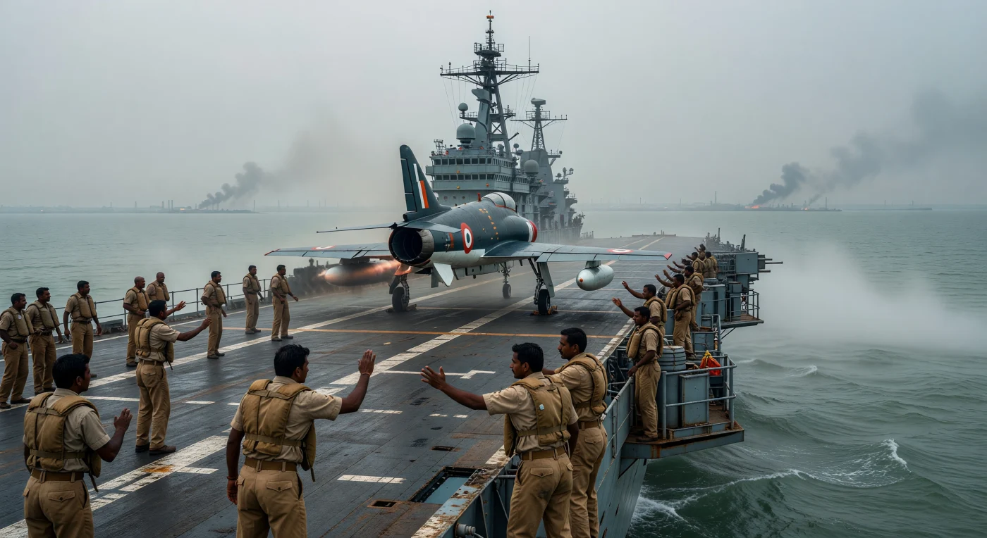 A Hawker Sea Hawk FGA.6 catapults from the flight deck of the INS Vikrant (R11) during the 1971 conflict that led to the independence of Bangladesh. Positioned in the Bay of Bengal, the Indian Navy’s flagship carrier enforced a critical naval blockade, launching sorties against strategic targets like the smoke-shrouded Chittagong harbor visible in the distance. The scene illustrates the gritty reality of mid-20th-century carrier operations, characterized by manual signaling, vintage safety gear, and the oppressive humidity of the South Asian theater.