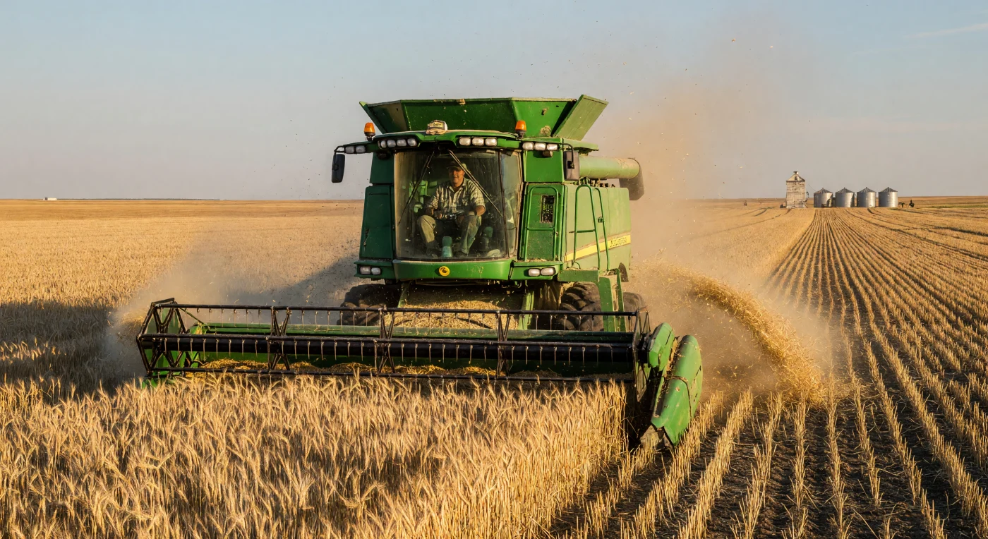 A John Deere 9600 Maximizer combine harvester cuts through a vast expanse of golden Hard Red Spring Wheat during the 1994 harvest in Saskatchewan, Canada. This scene illustrates the peak of the late-20th-century industrial agricultural boom, where high-capacity machinery and monoculture farming transformed the Canadian Prairies into a global leader in grain production. The distant silhouette of a wooden grain elevator against the "Big Sky" horizon captures a landscape in transition, reflecting the technological and economic shifts that defined rural North American life in the 1990s.