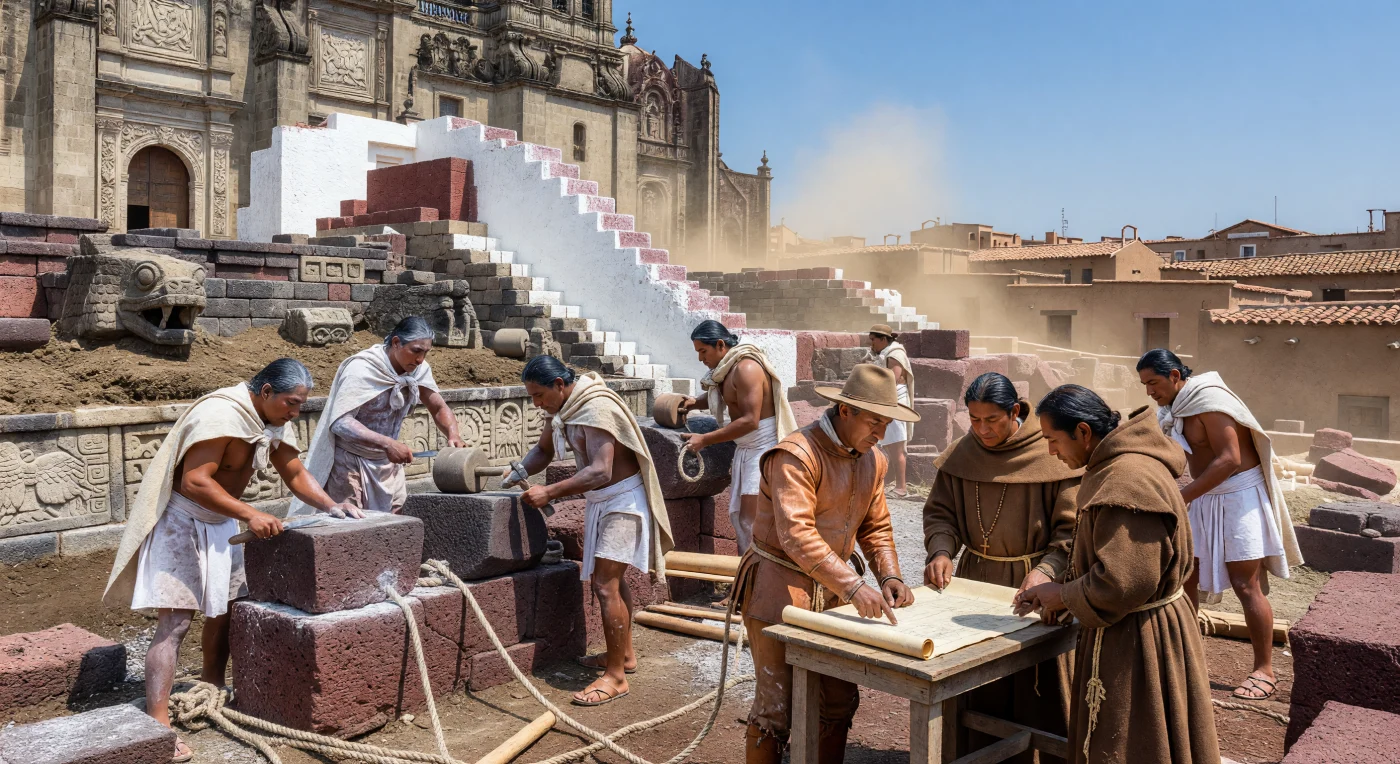 In deze levendige scène uit de late 16e eeuw zetten inheemse Nahua-ambachtslieden blokken rood vulkanisch tezontle-gesteente vast om de muren van de Kathedraal van Mexico-Stad op te trekken. Onder toezicht van Spaanse architecten en Franciscaanse monniken wordt het koloniale bouwwerk direct bovenop de ontmantelde resten van de Azteekse Templo Mayor gebouwd, wat zichtbaar is aan de deels begraven basaltstenen slangenkoppen in de fundamenten. Deze krachtige weergave illustreert de fysieke en culturele transformatie van de Vallei van Mexico, waarbij de nieuwe Spaanse orde letterlijk verrees uit de ruïnes van een gevallen imperium.
