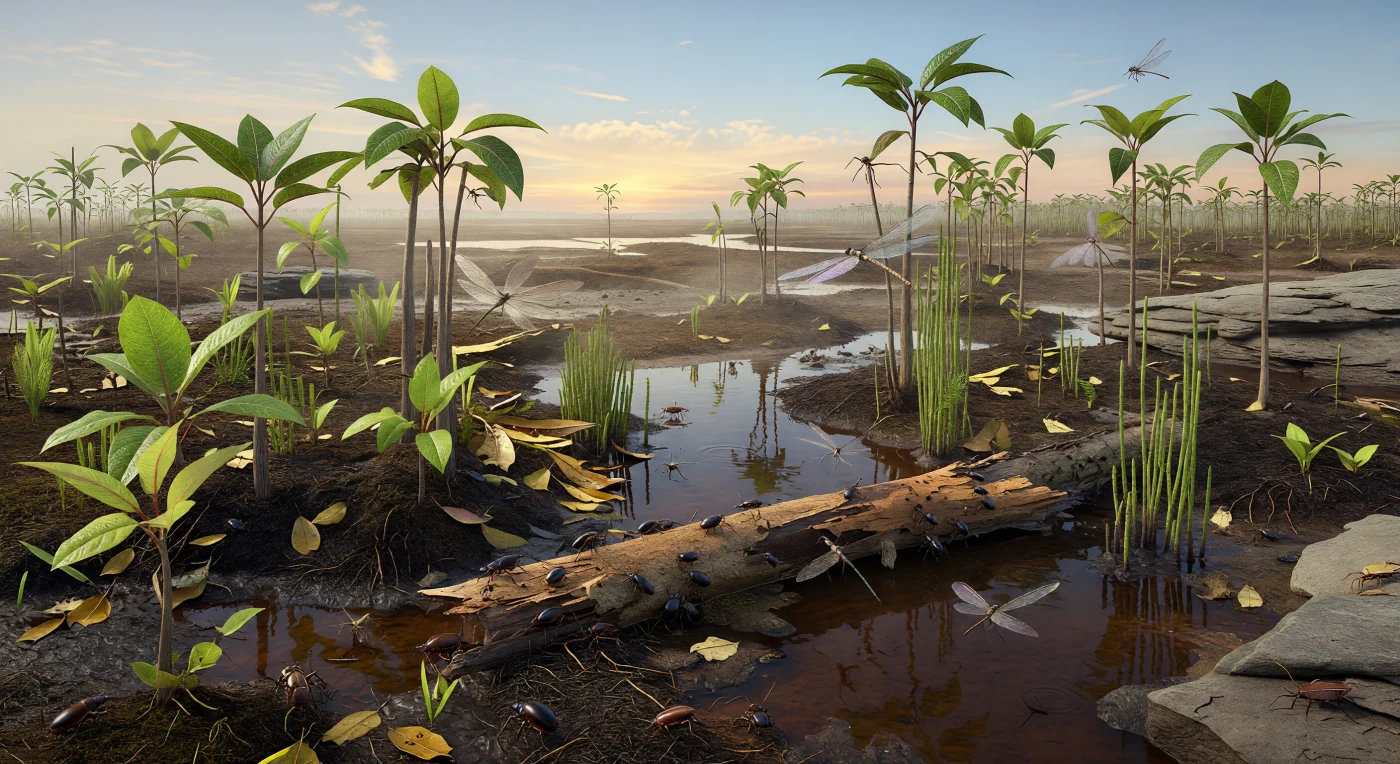 Dans cette tourbière charbonnière du Gondwana polaire, vers la fin du Permien il y a environ 255 à 252 millions d’années, de jeunes Glossopteris et des prêles densement groupées émergent d’un sol noir gorgé d’eau, parmi des troncs en décomposition déjà perforés par de petits coléoptères primitifs d’environ 2 cm. Dans la litière humide s’activent des blattodéens ressemblant à des blattes, tandis qu’au-dessus des mares brun foncé, des odonatoptères aux ailes translucides d’environ 20 cm captent la lumière rasante d’un long été polaire. Cette scène montre un marais à tourbe de haute latitude dans une Pangée encore chaude mais soumise à une forte saisonnalité, où l’accumulation de débris végétaux formera plus tard des couches de charbon — peu avant l’effondrement biologique de la « Grande Mort ».