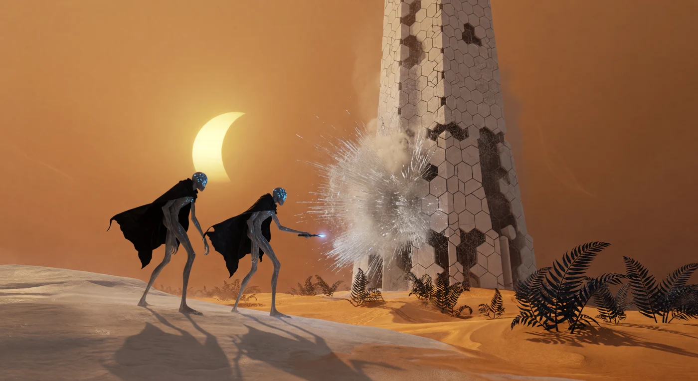 Au cœur de la Grande Divergence (2200-2500), deux spécimens de *Homo adaptus* aux membres filiformes et à la peau bioluminescente sabotent une tour d'échange thermique monumentale sur Titan. À travers l'épaisse atmosphère orangée, un panache de vapeur d'eau s'échappant de la structure de céramique se cristallise instantanément en une explosion de givre sous l'effet du froid cryogénique de 94 K. Cette scène illustre les tensions technologiques de l'époque, où l'élégance biologique de ces humains modifiés défie les infrastructures massives nécessaires à la gestion du cycle de l'oxygène dans le système saturnien.