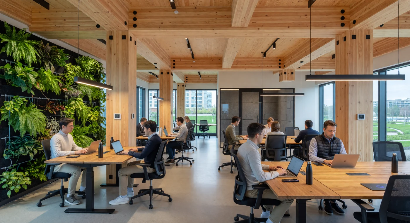 Este interior de escritório do início da década de 2020 exemplifica a estética da "arquitetura verde", destacando-se pelas robustas colunas e vigas de madeira laminada cruzada (CLT) em tons de mel que sustentam o espaço de plano aberto. Integrando tecnologia e natureza, o ambiente apresenta jardins verticais biofílicos e sensores inteligentes de ocupação, refletindo a transição da Era Digital para espaços de trabalho que priorizam a sustentabilidade e o bem-estar pós-pandemia. Através das amplas fachadas de vidro, vislumbra-se o conceito de "Cidade Esponja", consolidando o uso de materiais renováveis e o design integrado como respostas fundamentais aos desafios climáticos e urbanos do século XXI.