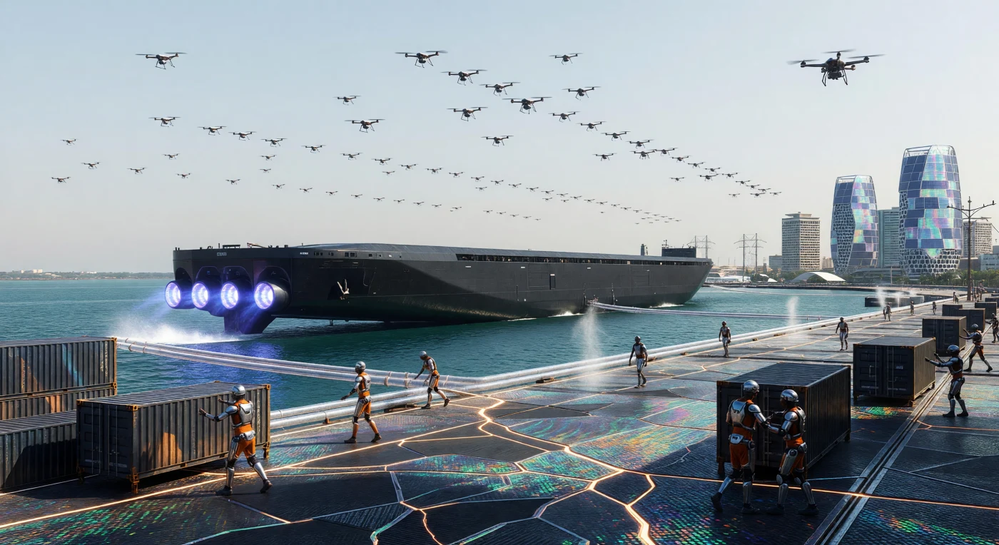 Im Jahr 2050, am Ende der Ära des „Schwellenwerts“, dokumentiert dieser Blick auf den Hafen von Mombasa die Transformation der Afrikanischen Union zum technologischen Epizentrum der Erde. Ein monolithisches Frachtschiff aus Graphen-Verbundwerkstoffen schwebt mittels Magnetschwebetechnik über dem Indischen Ozean, angetrieben von violett leuchtenden Ionen-Triebwerken, die die ozonhaltige Küstenluft ionisieren. Am Kai aus selbstreinigendem Kohlenstoff-Nanoröhren-Beton agieren technologisch augmentierte Menschen, deren *Kipaji*-Neural-Interfaces und Titan-Exoskelette eine neue Stufe der anthropogenen Evolution in Symbiose mit globalen KI-Netzwerken markieren. Über der biomimetischen Architektur regulieren stratosphärische Aerosole die intensive Äquatorsonne, während autonome Drohnenschwärme die Logistik dieser hocheffizienten Zivilisation vervollständigen.