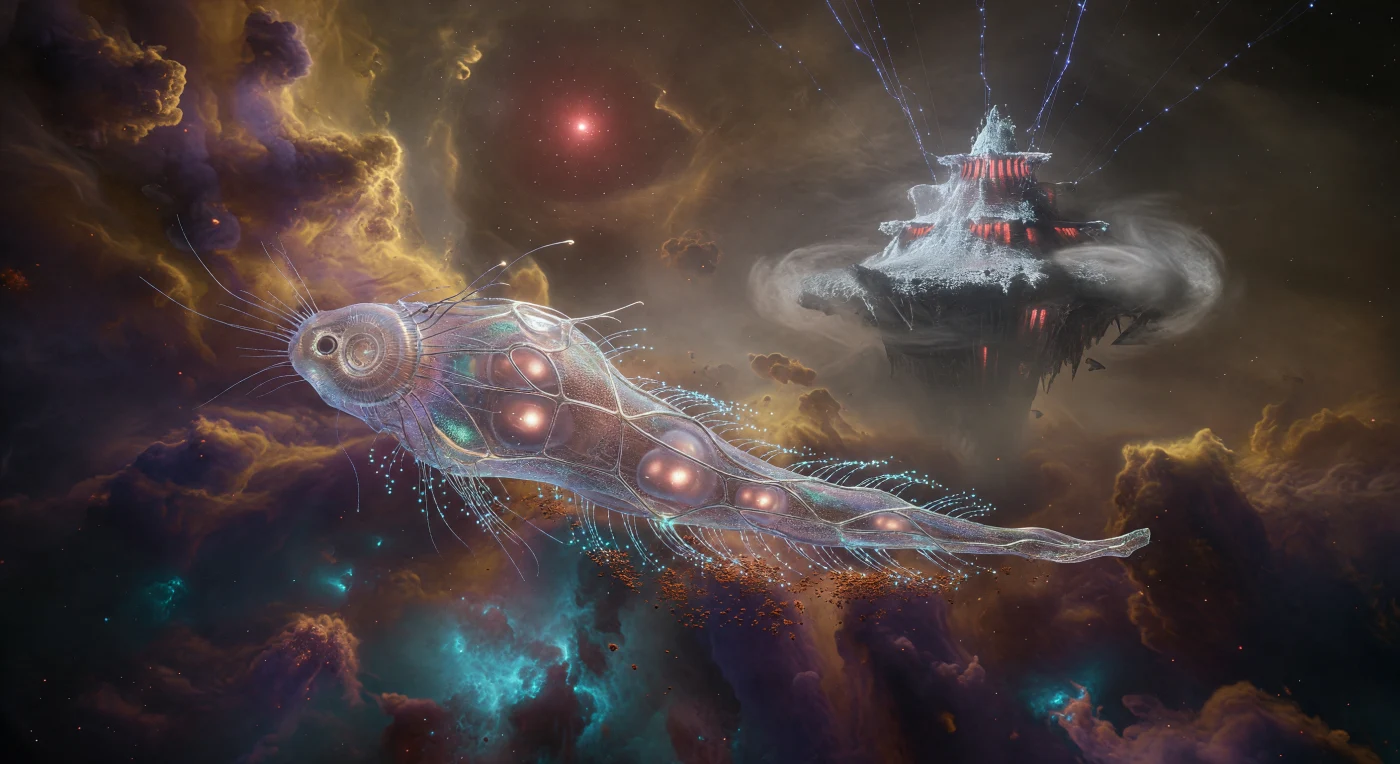 A 30-meter-long Nebulite drifts through the high-pressure troposphere of a gas giant during the Galactic Age (c. 5,000–20,000 CE), its spindle-shaped body encased in a protective lattice of iridescent carbon nanotubes. This post-human entity utilizes bioluminescent ventral cilia to sift microscopic radiotrophic sky-algae from the ochre-tinted jet streams, maintaining buoyancy via internal biological hydrogen bladders. In the distance, a massive graphene-reinforced aerostat spire vents fusion waste heat, illustrating the immense scale of energy harvesting required to sustain life within these turbulent vertical wildernesses.