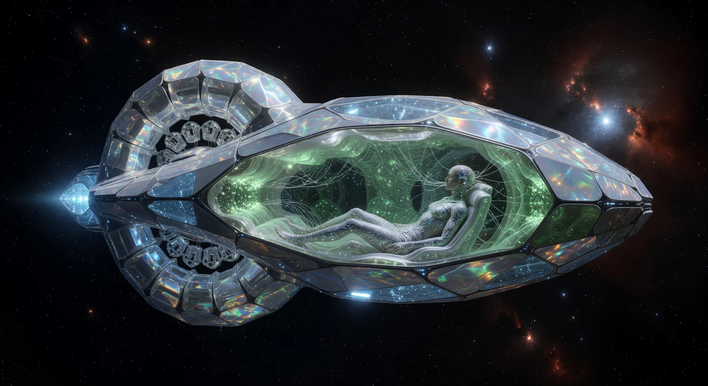 Dieses Exponat zeigt ein Chrono-Adaptives Wohnmodul der Ära des Interstellaren Aufbruchs (3000–5000 n. Chr.), dessen fraktale Graphen-Hülle im dualen Licht des Alpha-Centauri-Systems irisierend pulst. Im Inneren ist ein post-humaner Phänotyp zu sehen, dessen elongierte Morphologie an die dauerhafte Schwerelosigkeit angepasst ist und der über neuronale Schnittstellen direkt mit der lebenden Myzel-Silikat-Struktur des Schiffes verschmilzt. Diese selbstkonfigurierenden Habitate repräsentieren den technologischen Höhepunkt einer Epoche, in der die Architektur durch programmierbare Materie organisch wurde und die Menschheit ihre ökologische Nische endgültig in die Unendlichkeit des Kosmos ausdehnte.