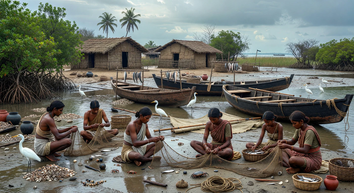 At low tide in a western Indian estuary, fisherfolk mend plant-fiber nets beside dugout canoes and stitched-plank boats drawn up on the mud, while fish dry on wooden racks near reed-and-thatch huts. Set on the Gujarat or Konkan coast around 700–500 BC, the scene evokes small maritime communities that lived from estuarine fishing, shell gathering, and short-range coastal travel along the Arabian Sea. Details such as shell ornaments, carnelian beads, black-and-red ware pottery, and sewn hulls reflect technologies and exchange networks already known in Iron Age western India, even in settlements that remained modest and labor-focused.