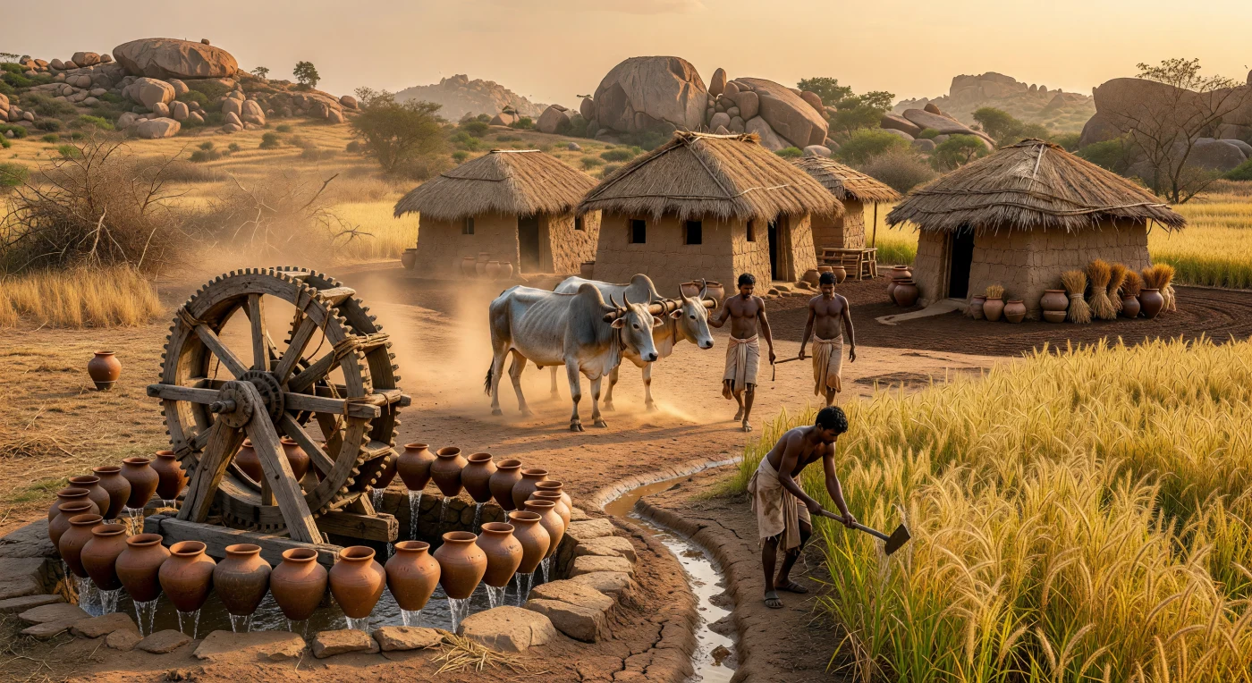 Sur le plateau du Deccan à la fin du XIVe siècle, des agriculteurs dravidiens utilisent une roue persane (saqiya) actionnée par des bœufs Zébus pour puiser l'eau nécessaire à la culture du millet perlé. Ce système d'irrigation sophistiqué, composé de pots en terre cuite et d'engrenages en bois, témoigne de l'ingéniosité technologique rurale permettant la survie des populations au sein d'un paysage aride parsemé de blocs de granit. Près de leurs habitations en briques de boue et chaume de riz, ces travailleurs illustrent la base économique vitale des puissances médiévales de l'Inde du Sud, comme l'Empire de Vijayanagara ou le sultanat bahmanide.