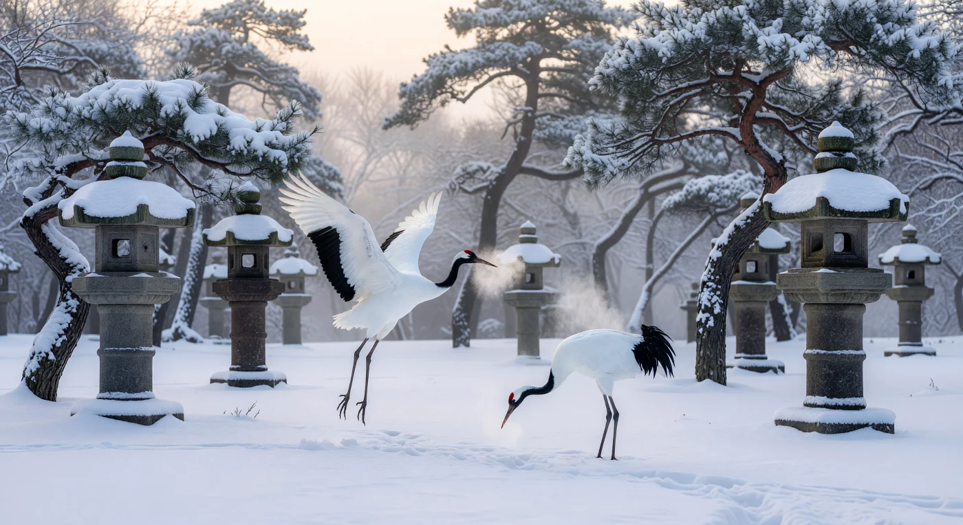 Een paar Japanse kraanvogels voert een gracieuze paringsdans uit in het ongerepte sneeuwlandschap van het 18e-eeuwse Ezo, het huidige Hokkaido. Tussen de grillige zwarte dennen staan verweerde *Kasuga-dōrō* (stenen lantaarns) die de verstilde "wabi-sabi" esthetiek van de midden-Tokugawa-periode belichamen. In de Japanse cultuur worden deze vogels vereerd als heilige symbolen van een lang leven en trouw, hier vastgelegd in een serene, winterse afzondering die de spirituele verbondenheid met de natuur in het vroegmoderne Oost-Azië benadrukt.