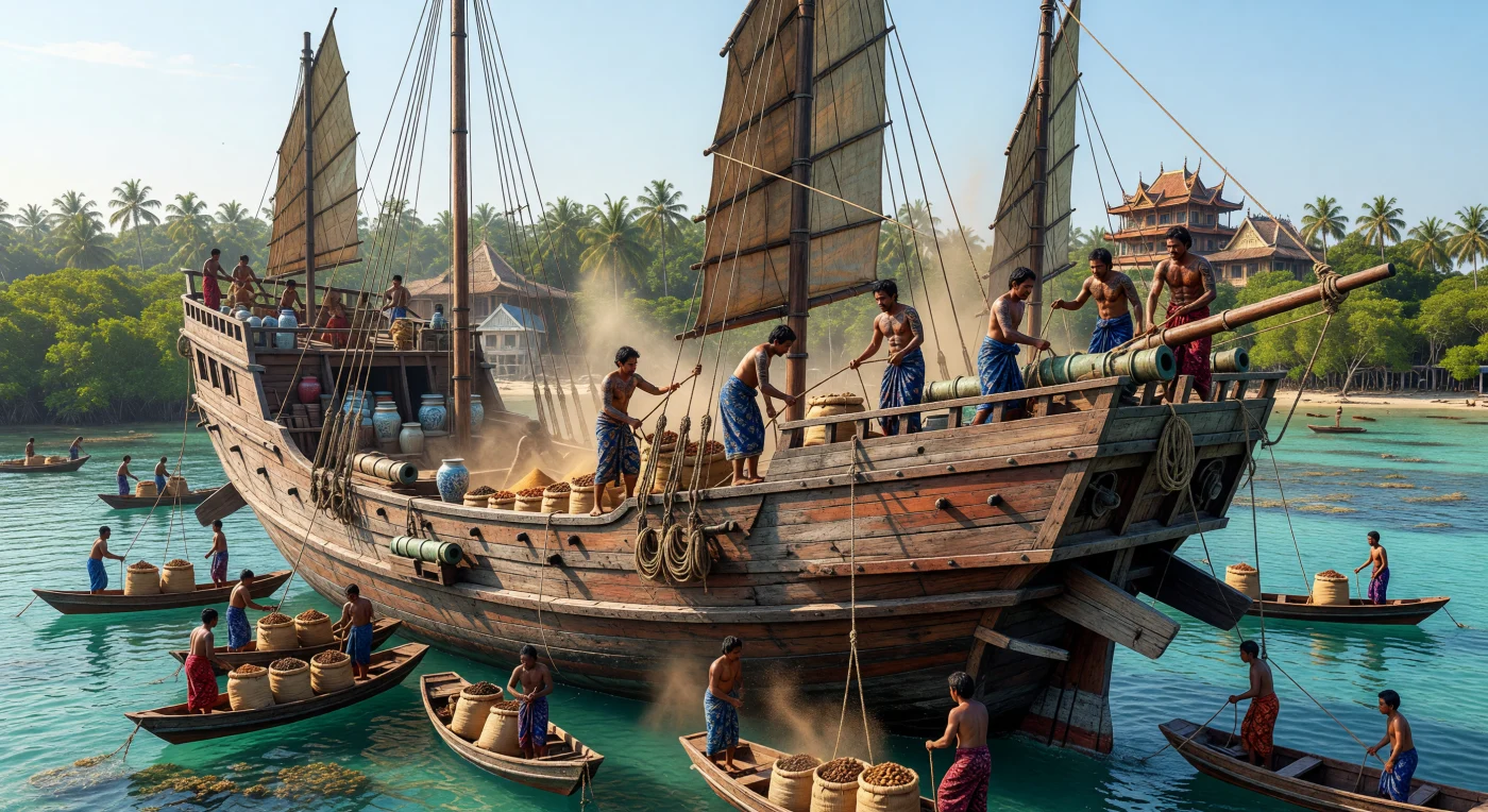 Deze indrukwekkende weergave toont een Javaanse jong, een gigantisch viermastschip dat volledig met houten pennen en meerdere lagen planken werd geconstrueerd, voor anker in de zonovergoten haven van Malakka. Terwijl zeelieden in traditionele batik-kleding zware zakken met kostbare kruidnagel en muskaatnoot lossen, illustreert de scène de geavanceerde maritieme techniek en de enorme schaal van de Zuidoost-Aziatische handel tijdens de 16e-eeuwse Renaissance. Als de drijvende krachten van de "Eeuw van de Handel" vormden deze robuuste vaartuigen de cruciale schakel in een mondiaal netwerk dat de specerijen van de archipel met de rest van de wereld verbond.