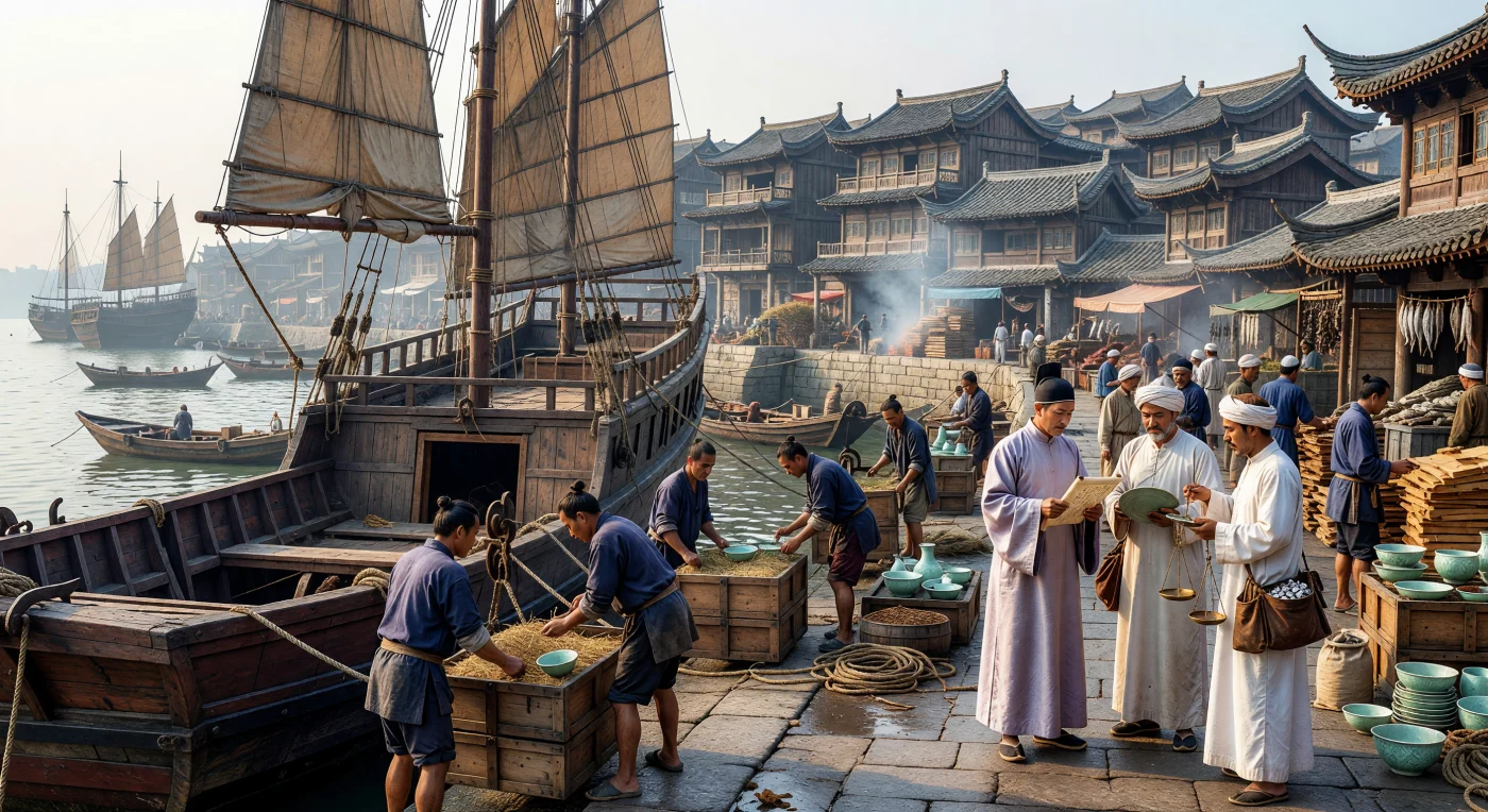 No movimentado porto de Quanzhou, estivadores descarregam caixas de porcelana celadon de um imenso junco de madeira, enquanto mercadores árabes e chineses negociam sobre o cais de granito sob a névoa úmida da manhã. Esta cena ilustra o auge da Dinastia Song do Sul, quando a cidade servia como o coração pulsante da Rota da Seda Marítima, conectando o Extremo Oriente ao mundo islâmico através de embarcações tecnologicamente avançadas com compartimentos estanques. O brilho verde-jade das cerâmicas de Longquan e a diversidade cultural no cais testemunham um período de prosperidade comercial e intercâmbio global sem precedentes na Idade Média.