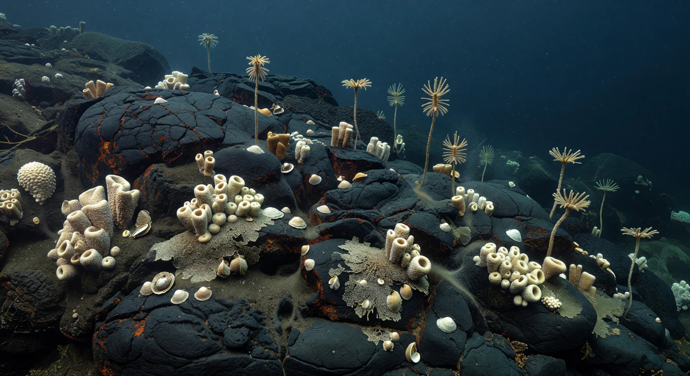 On the dim flank of a Jurassic volcanic seamount, pillow basalts stained by hydrothermal alteration provide hard substrate for a sparse deep-water community of attached invertebrates. Cream-colored sponges, encrusting bryozoans, articulate brachiopods such as Terebratula and Rhynchonella, and stalked Pentacrinites crinoids filter food from weak bottom currents in the low-light bathyal sea. This scene evokes the deeper ocean between about 201 and 145 million years ago, when drowned basaltic highs offered rare firm surfaces for sessile life in a warm, ice-free Jurassic world.