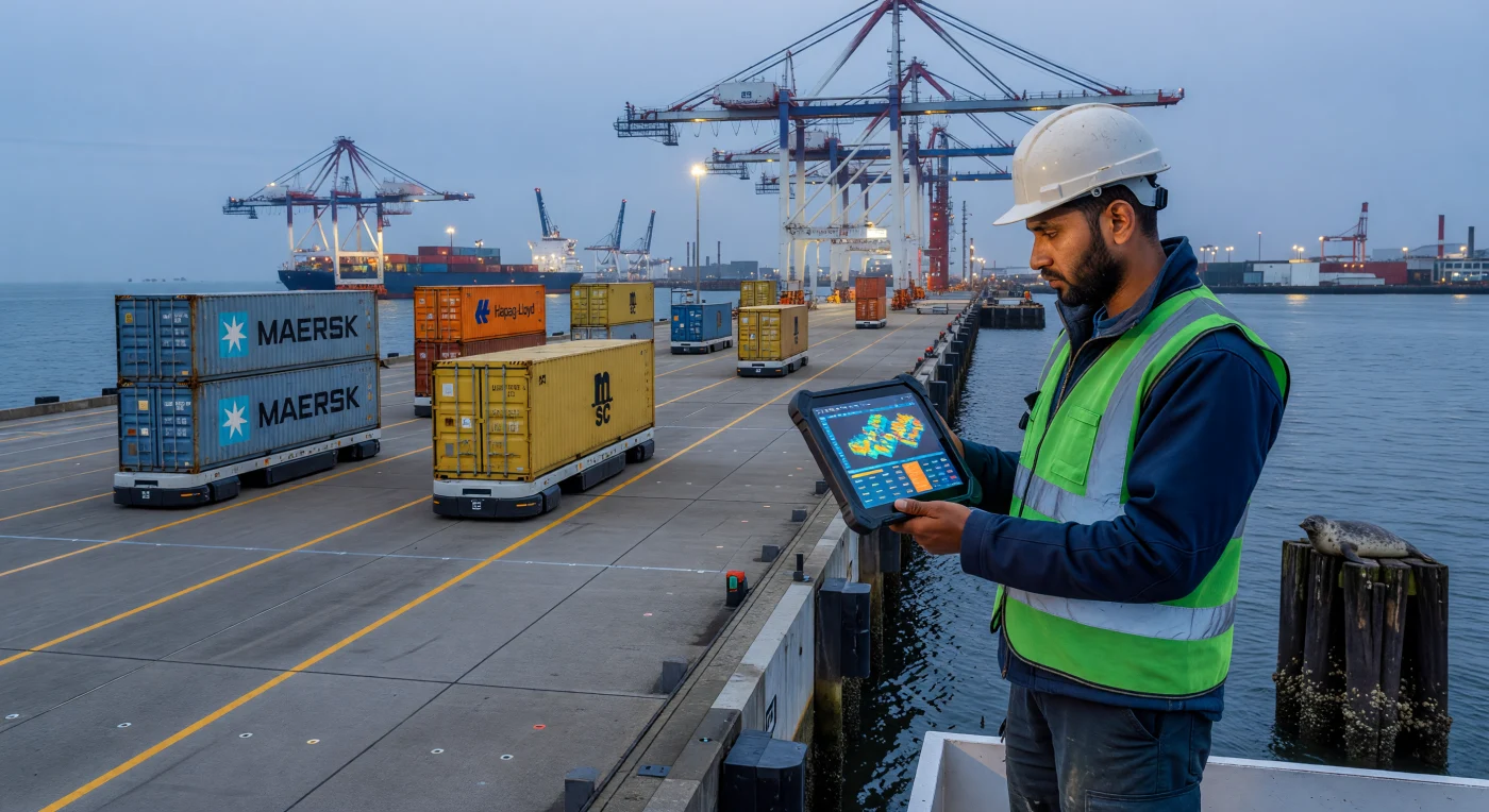 In der dämmerigen „blauen Stunde“ des Rotterdamer Hafens überwacht ein Techniker per Tablet die präzisen Abläufe eines hochmodernen, KI-gesteuerten Containerterminals, während fahrerlose Transportfahrzeuge lautlos bunte Frachtcontainer über den Kai navigieren. Diese Szene steht beispielhaft für das digitale Zeitalter des frühen 21. Jahrhunderts, in dem die Integration von künstlicher Intelligenz und Echtzeit-Telemetrie die globale Logistik revolutionierte und menschliche Arbeit zunehmend in digitale Überwachungsrollen transformierte. Inmitten dieser technologischen Perfektion aus algorithmisch getakteten Warenströmen und massiven Stahlkonstruktionen bildet eine am Hafenbecken ruhende Robbe einen organischen Kontrast zur hochautomatisierten Industrielandschaft.