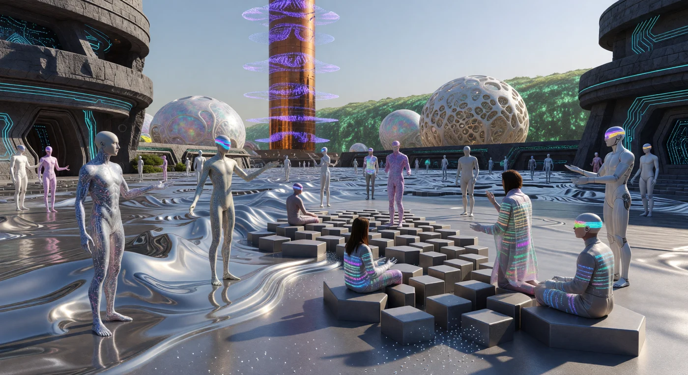 During the Convergence (2100–2200), urban environments evolved into responsive, semi-sentient landscapes where the distinction between biology and architecture dissolved. This Flux-Plaza demonstrates the era's use of liquid-metal gallium alloys that, triggered by electromagnetic frequencies, rearrange into rigid fractal tiers to accommodate gatherings of post-biological citizens and synthetic intelligences. In the background, a 1.5-kilometer-tall Synaptic Spire pulses with violet light during a collective neural data transfer, while the distant "Great Re-Wilding Spine" megastructure signifies the century's commitment to planetary ecological restoration.