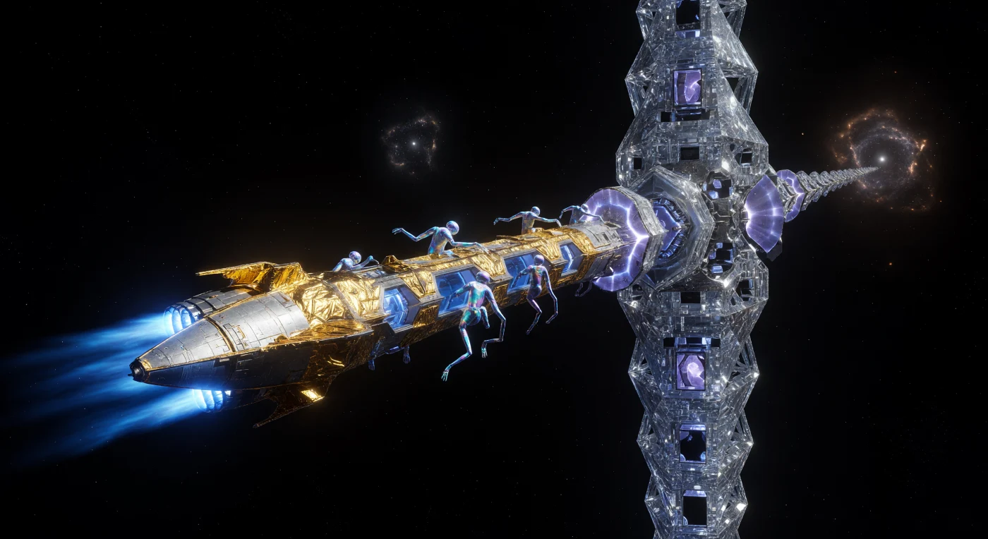 A mile-long kinetic needle ship decelerates toward a 500-kilometer-long crystalline relay pillar during the era of The Horizon, approximately 100,000 to 1,000,000 CE. The vessel utilizes antimatter-catalyzed fusion engines, emitting brilliant sapphire-blue Cherenkov radiation that illuminates its gold-foil insulation and tungsten-carbide thermal shielding. Inhabiting the ship are Polystructural beings—entities with iridescent, programmable-matter bodies optimized for zero-gravity environments—who manage the complex logistics of this Kardashev II.5 civilization. This scene illustrates the massive scale of "The Bridge," a network of interstellar infrastructure where hyper-diamond lattices and neutrino-modulated data streams facilitate communication across the vast latencies of deep space.