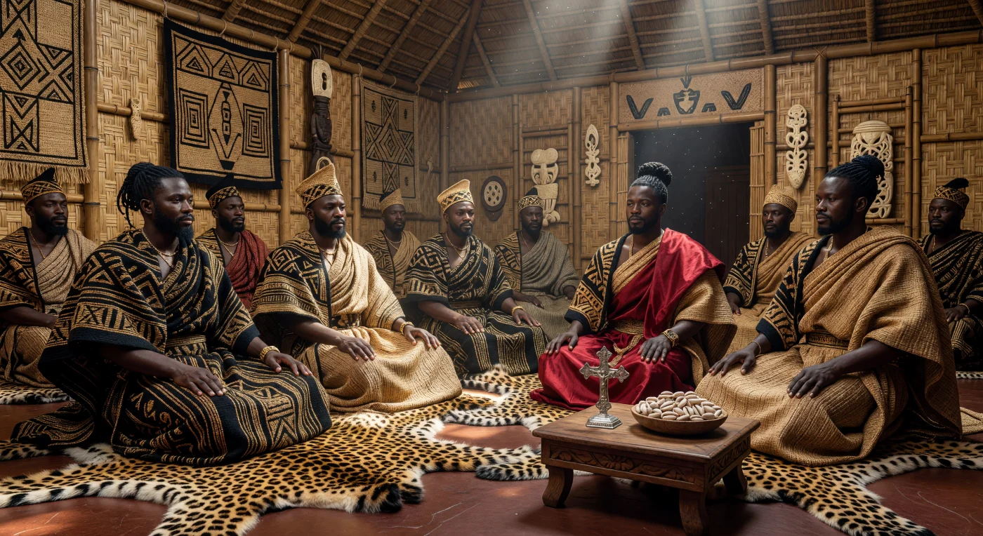 Aristocrats of the Kingdom of Kongo gather for a diplomatic council within a traditional reed-walled audience hall, seated upon leopard skins that denote their high social status. They wear elaborate garments of finely woven raffia fiber, known for their velvet-like texture and complex geometric motifs, along with sacred *mpu* caps symbolizing their titled authority. The inclusion of a silver crucifix and an imported silk sash highlights the kingdom’s sophisticated 17th-century identity as a sovereign Christian state deeply integrated into global trade and diplomatic networks.