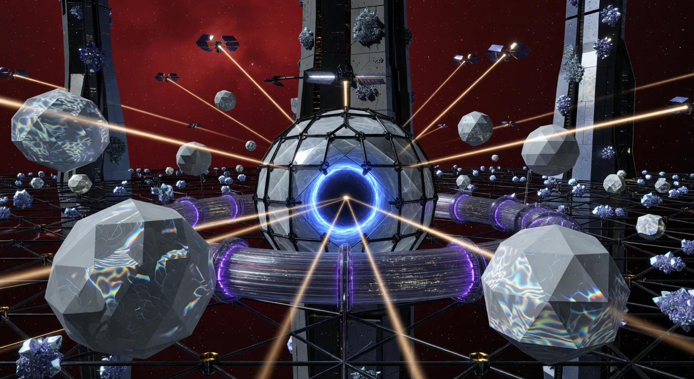 This reconstruction of the Chronos-Lattice at Barnard’s Star captures the Kugelblitz Prime containment vessel during the Interstellar Dawn era (c. 3000–5000 CE). At the center, a microscopic man-made black hole is suspended within a magnetic diamondoid trap, emitting a brilliant blue Cherenkov glow as it harvests Hawking radiation for energy. Floating near the titanic research spires are Substrate-Independent Minds (SIMs) in their geometric avatars, existing alongside prismatic Silicon-Flora that thrive in the deep crimson light of the local red dwarf star.