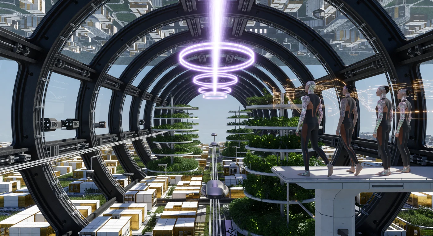 Au cœur du cylindre d'O'Neill Vinci-4, une « ligne solaire » de plasma à 5600 K illumine une métropole vertigineuse qui se courbe sur quatre kilomètres jusqu'à former le ciel. Cette scène de la Grande Divergence (v. 2200-2500) montre des individus de l'espèce *Homo augmentus* (les Liés) dont l'anatomie gracile et le lacis neural iridescent témoignent d'une adaptation radicale à la vie orbitale sous 0,8 g. Entre les nervures structurelles en fibre de carbone et les anneaux aéroponiques, l'omniprésence du « flux fantôme » holographique souligne la complexité d'une civilisation de type Kardashev 1,4 ayant transformé le vide spatial en un écosystème technologique total.