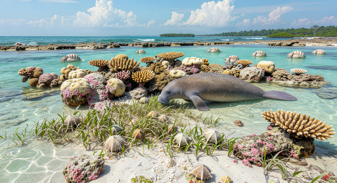 Numa lagoa recifal tropical do Eoceno, há cerca de 56 a 34 milhões de anos, águas turquesa cristalinas banham areias carbonatadas brancas onduladas, pradarias de ervas marinhas e recifes baixos formados por corais ramificados do género Acropora e colónias maciças de Porites, entre manchas rosadas de algas coralinas. O olhar é atraído por um sirénio primitivo com cerca de 2,5 metros de comprimento, aparentado com formas antigas como Protosiren ou Eotheroides, pastando calmamente no fundo, enquanto equinóides regulares raspam algas e nautilóides de concha listrada derivam junto à margem externa do recife. Esta cena revela um mundo de estufa do Paleogénico, quando mares tropicais quentes e rasos sustentavam plataformas carbonatadas exuberantes e ecossistemas costeiros muito diferentes dos recifes modernos dominados por peixes.