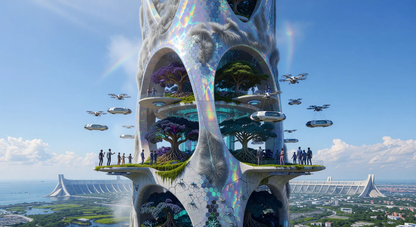 De Lagos High-Density Spire, een 1.200 meter hoge monoliet uit de 'Augmented Dawn' (ca. 2085), markeert een cruciaal punt in de technologische evolutie waar architectuur en biologie volledig versmolten. De toren is opgetrokken uit iriserend, zelfherstellend bio-beton en herbergt een verticaal ecosysteem van genetisch gemodificeerde Titan-eiken en paarse boerenkool, gevoed door atmosferisch vocht dat wordt opgevangen door miljoenen zilveren micro-filamenten. Terwijl zware drones modulaire leefeenheden in het pulserende raamwerk nestelen, beschermen massieve zeemuren op de achtergrond de overstroomde 'Sponsstad' tegen de onverbiddelijke stijging van de zeespiegel in het post-antropoceen.