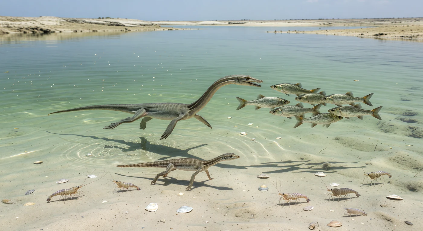En una laguna cálida y cristalina del Monte San Giorgio, en el occidente del mar de Tetis, un ágil Lariosaurus de unos 1,2 metros irrumpe entre un banco de Peltopleurus de apenas 15 centímetros, mientras un pequeño Neusticosaurus se mantiene cerca del fondo de lodo carbonatado claro entre crustáceos Antrimpos y bivalvos dispersos. Esta escena transcurre en el Triásico Medio, hace aproximadamente 242–237 millones de años, cuando los mares tropicales someros favorecieron la diversificación de reptiles marinos y peces con brillantes escamas de ganoína. Conservado hoy en los Alpes, Monte San Giorgio ofrece una ventana extraordinaria a estos ecosistemas lagunares restringidos, donde la vida se recuperaba y expandía tras la gran crisis del final del Pérmico.
