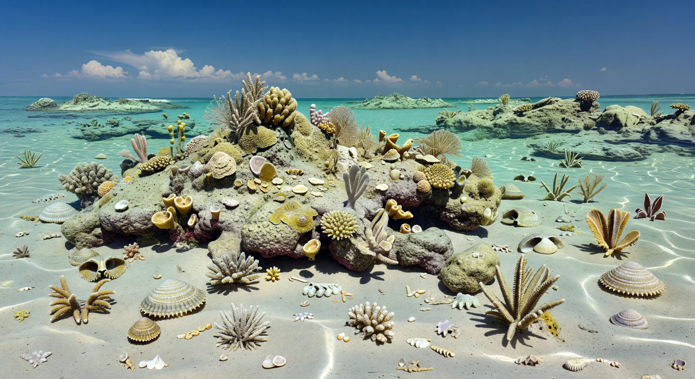 In the warm, shallow waters of the Late Permian Paleo-Tethys, about 260–252 million years ago, low reef mounds built mainly by calcified sponges and microbial crusts rose from a pale carbonate seafloor. Among these bioherms grew Waagenophyllum rugose corals, fenestrate bryozoans, and stalked crinoids, while dense assemblages of brachiopods such as Productus and Neospirifer covered the surrounding shelf muds and skeletal sands. Scenes like this represent one of the distinctive marine ecosystems of the final chapter of the Paleozoic, just before the end-Permian mass extinction—the “Great Dying”—reshaped life in the oceans.