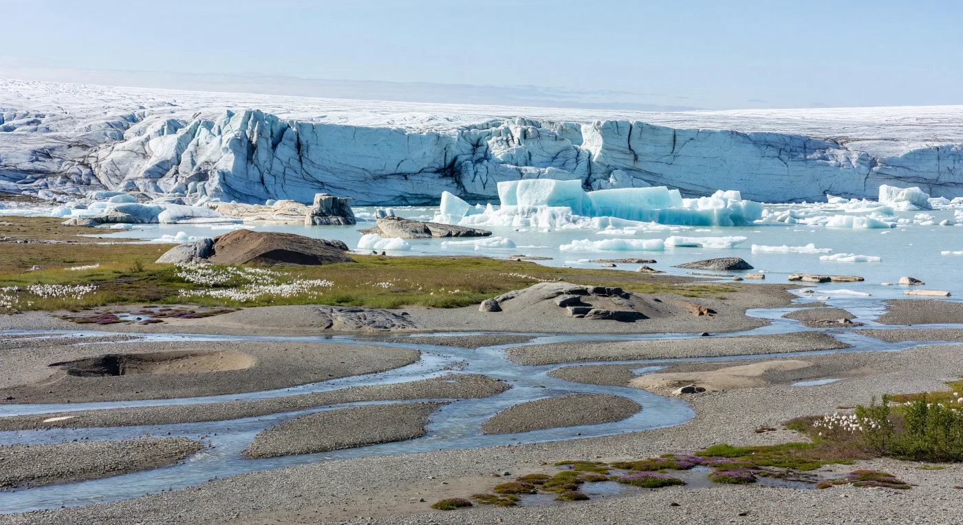 Am sommerlichen Rand des Laurentidischen Eisschildes vor etwa 20.000 bis 12.000 Jahren türmen sich schuttgestreifte Eiswände über einem milchig-türkisen proglazialen See, in den unter lautem Kalben Eisberge abbrechen, während verflochtene Schmelzwasserarme über frische Sander-Schotter, Moränen und striemenbedeckte Rundhöcker aus präkambrischem Granit und Gneis fließen. Diese Landschaft entstand während des Rückzugs der letzten Vereisung im späten Pleistozän, als Gesteinsmehl das Wasser trübte und das Inlandeis riesige Mengen unsortierten Geschiebes ablagerte. Auf den eben erst eisfrei gewordenen Flächen fassen erst wenige Pionierpflanzen der Tundra Fuß, darunter Seggen (Carex), Wollgräser (Eriophorum), die Kriech-Weide Salix arctica und der Purpur-Steinbrech Saxifraga oppositifolia – erste Lebenszeichen an der Schwelle zwischen Eiswelt und neu entstehender Arktislandschaft.