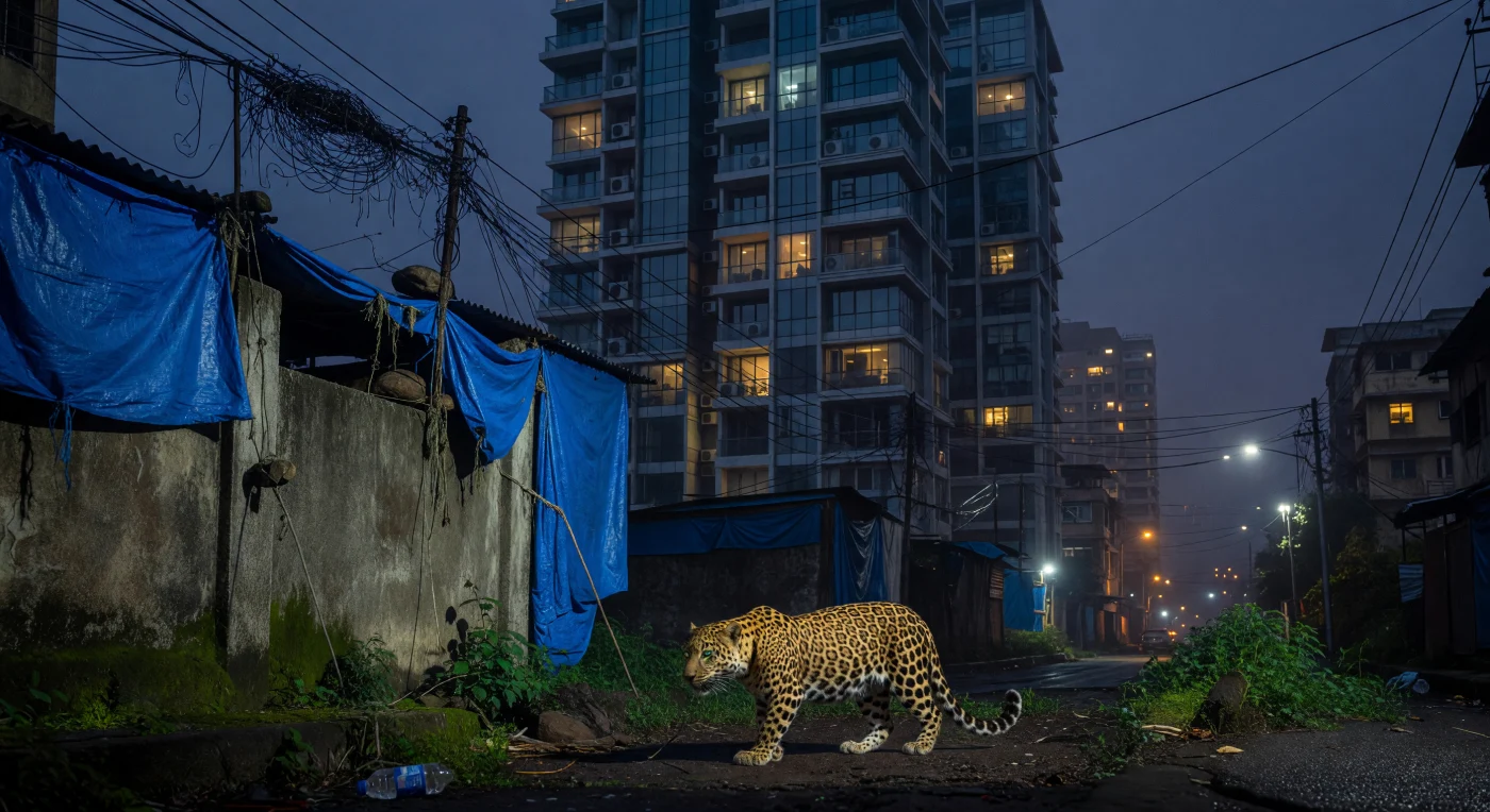 Un léopard indien se faufile furtivement le long d'un mur de béton drapé de bâches bleues, sous la silhouette imposante d'un gratte-ciel de luxe dominant la brume nocturne de Mumbai. Cette scène illustre la coexistence singulière et souvent tendue entre la faune sauvage et l'urbanisation fulgurante de l'Asie du Sud au début du XXIe siècle, où les prédateurs s'adaptent aux marges des mégapoles de l'ère numérique. Le contraste entre les matériaux de fortune des quartiers informels et l'éclat technologique du verre et de l'acier souligne les disparités sociales et environnementales d'une Inde devenue la nation la plus peuplée au monde.
