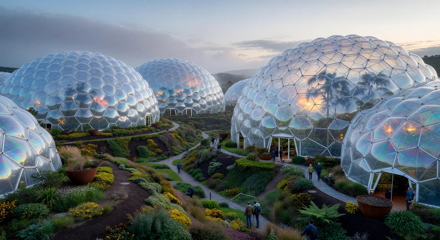 Die massiven geodätischen Dome des Eden Projects in Cornwall erheben sich als leuchtende, pneumatische Strukturen aus ETFE-Kissen über einer rekultivierten Kaolingrube. Diese Biome repräsentieren den Höhepunkt der „Eco-Tech“-Architektur des frühen 21. Jahrhunderts, wobei die hochmodernen, lichtdurchlässigen Membranen ein präzise gesteuertes tropisches Mikroklima für eine enorme botanische Vielfalt schaffen. In der Abenddämmerung verwandeln sich die hexagonalen Waben in riesige, schimmernde Laternen, die den visionären Übergang von industrieller Landschaftsnutzung zu nachhaltigem, biomimetischem Design eindrucksvoll versinnbildlichen.