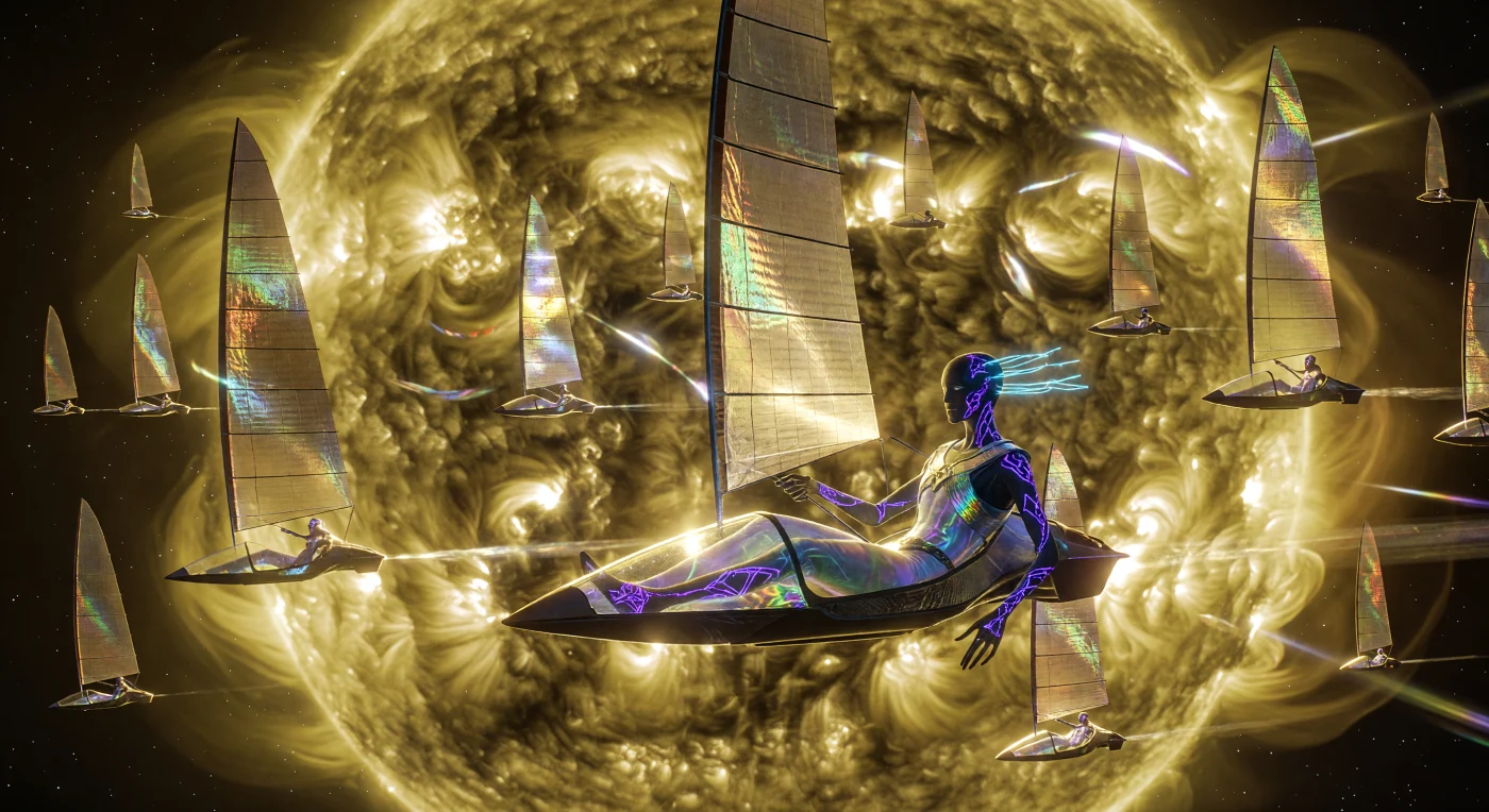 A fleet of competitive light-sail vessels maneuvers through the turbulent lower corona of a G-type star during the prestigious Perihelion Sun-Sailing Race. Set during the Interstellar Dawn (3000–5000 CE), this era marks the "Great Dispersal," a period defined by humanity’s transition into a multi-stellar species through radical biological and technological adaptation. The scene captures a "Lithe-Long" pilot—a post-human subspecies evolved for low-gravity Oort Cloud environments—tethered via neural-filaments to a craft propelled by vast, iridescent dielectric-mirror sails. These high-stakes competitions showcase the era’s mastery over radiation pressure and "Exo-Skeleton Chic" functional fashion, reflecting a civilization that has turned the fundamental forces of the universe into a canvas for sport and art.