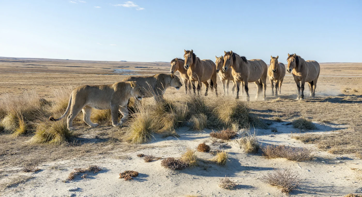 Sur une crête ouverte de la steppe à mammouths du Pléistocène supérieur, il y a environ 50 000 à 15 000 ans, deux lions des cavernes, Panthera spelaea, rampent dans des touffes de fétuque en direction d’un petit groupe de chevaux sauvages, Equus ferus, figés d’inquiétude dans la poussière de lœss. Cette vaste steppe périglaciaire d’Europe orientale ou du sud de la Sibérie était un milieu froid, sec et balayé par les vents, où des sols limoneux gelés nourrissaient une abondante mégafaune. Sans crinière, plus hauts sur pattes que les lions actuels, les lions des cavernes comptaient parmi les grands prédateurs de cet écosystème, aux côtés des mammouths laineux, des bisons des steppes et des rhinocéros laineux.