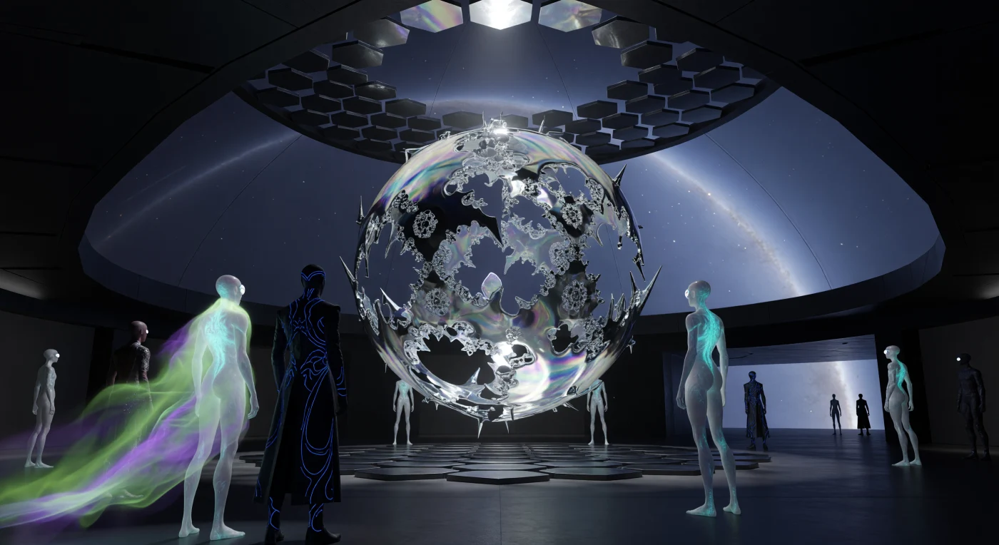 Set within a Dyson Swarm habitat during the Galactic Age (c. 5,000–20,000 C.E.), this scene depicts a ten-meter sphere of iridescent ferro-mercury suspended by gravimetric induction. The liquid metal is seen undergoing rapid transformation into intricate Mandelbrot geometries, observed by "Long-Form" post-humans whose elongated physiology is specifically adapted for low-gravity environments. These spectators showcase the era’s "Ethereal Standard" of beauty, wearing garments of programmable matter and coherent light that reflect the highly advanced, post-biological culture of a multi-stellar civilization.