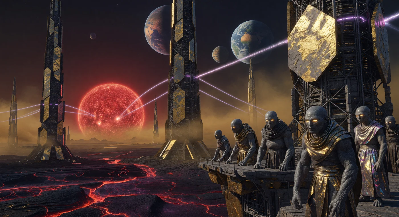 On the scorched day-side of TRAPPIST-1b, gargantuan geodesic spires of lead-infused basalt rise against the bloated, ruby-hued disk of an ultra-cool red dwarf. During the Interstellar Dawn (3000–5000 CE), these structures served as habitats for the Lithic, a post-human lineage bio-engineered with high-density skeletal frames and metallic, radiation-shielded skin. From high-altitude observatories, these residents utilize specialized infrared-sensitive organs to navigate a landscape defined by intense thermal distortion and the constant, looming presence of sister worlds within the resonant Septem-Virate system.