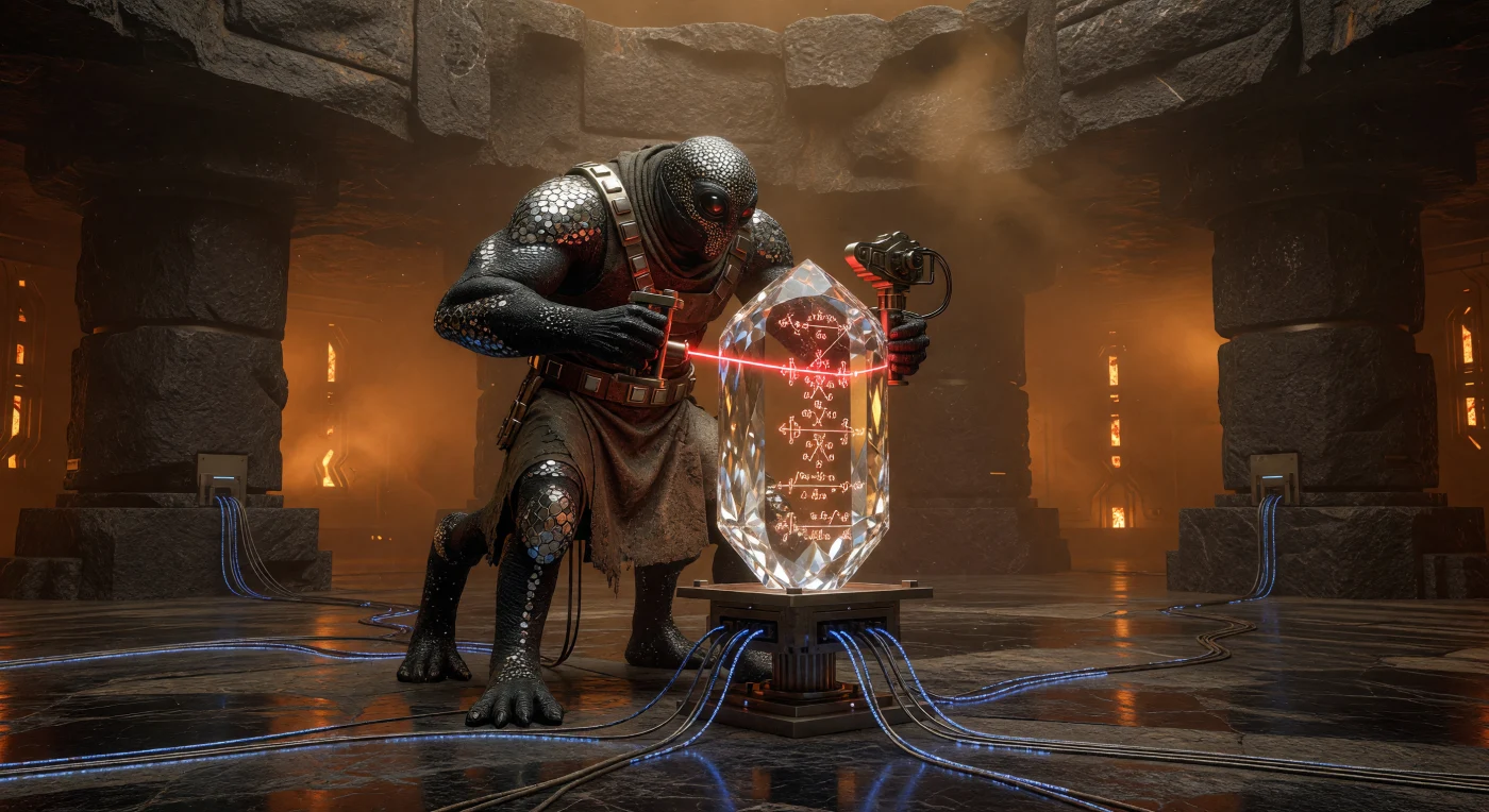 Deep within the subterranean vaults of a 6g Super-Earth, a Lithoderm scribe meticulously engraves mathematical archives onto a synthetic diamond slab using high-precision laser technology. Set during the Galactic Age (c. 5,000–20,000 CE), this scene illustrates the extreme physiological adaptations of post-humanity, including quadrilateral limb symmetry and a biological-crystalline skeletal structure designed to withstand crushing gravitational forces. These "Diamond Archives" represent the pinnacle of long-term data preservation, utilizing the molecular stability of carbon lattices to safeguard the civilization’s collective knowledge against the immense pressures and geothermal heat of their high-gravity environment.