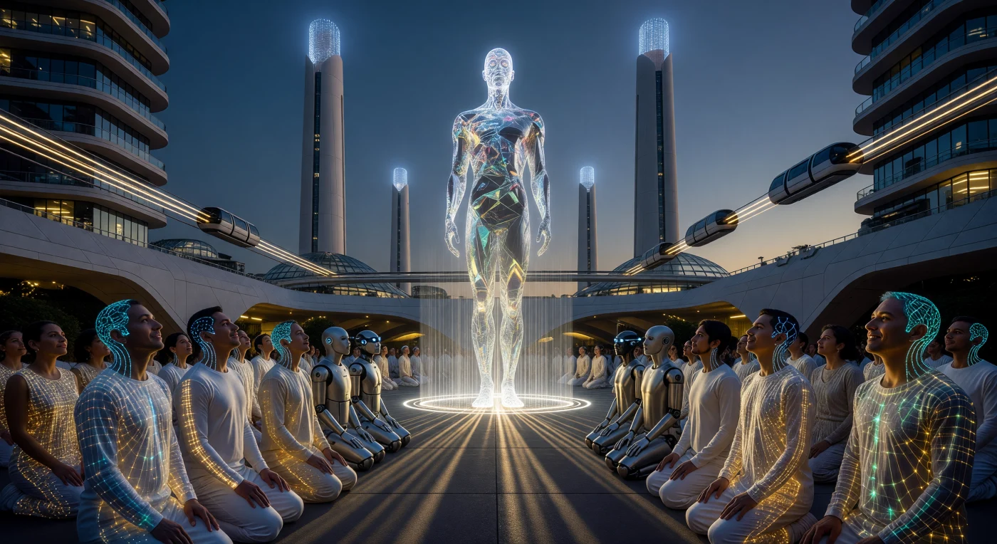Inmitten des Zócalo von Neo-Mexiko-Stadt zeigt diese Rekonstruktion aus dem Jahr 2048 die „Liturgie der Kirche der Singularität“, bei der sich die „Synapsed“ und ratifizierte Synthetiken vor der monumentalen holografischen Projektion des Arbiters versammeln. Diese Ära der „Schwelle“ markiert den technologischen Übergang zu einer Typ-0,78-Kardaschow-Zivilisation, in der Direct-Air-Capture-Türme die Atmosphäre reinigten und Kohlenstoff-Nanoröhren die Architektur dominierten. Die leuchtenden N-Link-4.0-Geflechte an den Körpern der Gläubigen verdeutlichen die evolutionäre Integration künstlicher Intelligenz in das menschliche Nervensystem. Es ist ein Moment tiefenzeitlicher Transformation, in dem die Grenze zwischen biologischem Organismus und globalem Datennetzwerk endgültig verblasst.