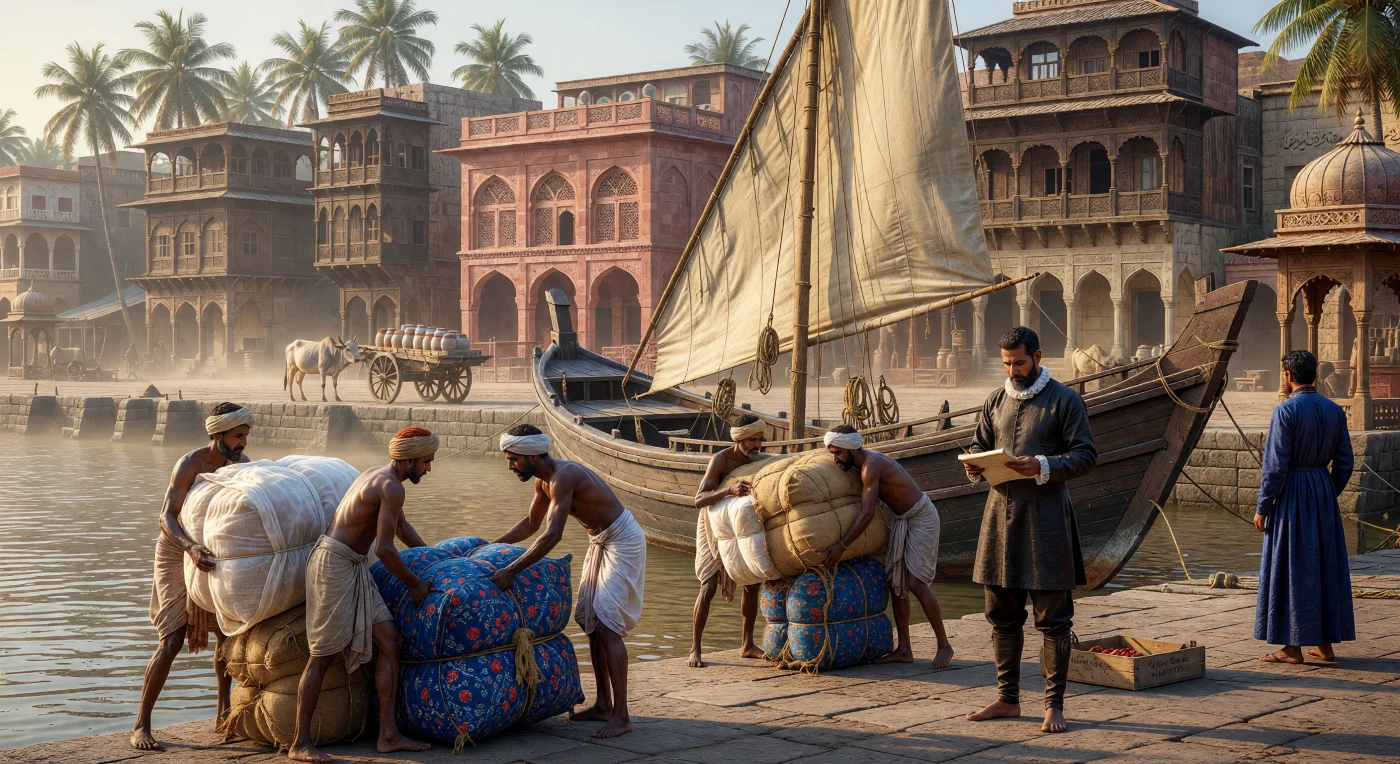 This scene depicts the bustling Port of Surat circa 1610, where Gujarati laborers load bales of fine Dhaka muslin and hand-printed chintz onto a traditional Malabar teak dhow. As a premier maritime gateway of the Mughal Empire, Surat served as a vital node in a global network, attracting European traders like the Portuguese merchant seen here overseeing his cargo in formal continental attire. The architectural backdrop of red sandstone warehouses and the presence of New World goods like chili peppers illustrate the complex cultural and economic exchanges that defined the early modern Indian Ocean trade.