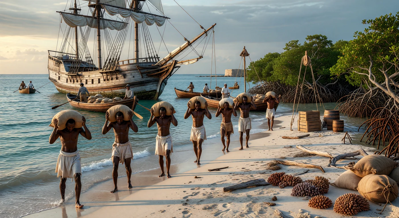 This scene captures the grueling reality of the 17th-century sugar trade, depicting enslaved West African laborers transporting heavy sacks of muscovado sugar across a Caribbean beach to awaiting longboats. In the turquoise waters beyond, a Dutch fluyt—a specialized merchant vessel with a distinctive pear-shaped hull—serves as a central hub for the mercantilist exchange between the Americas and Europe. This image illustrates the intersection of maritime innovation and the brutal exploitation of human labor that underpinned the Early Modern global economy.