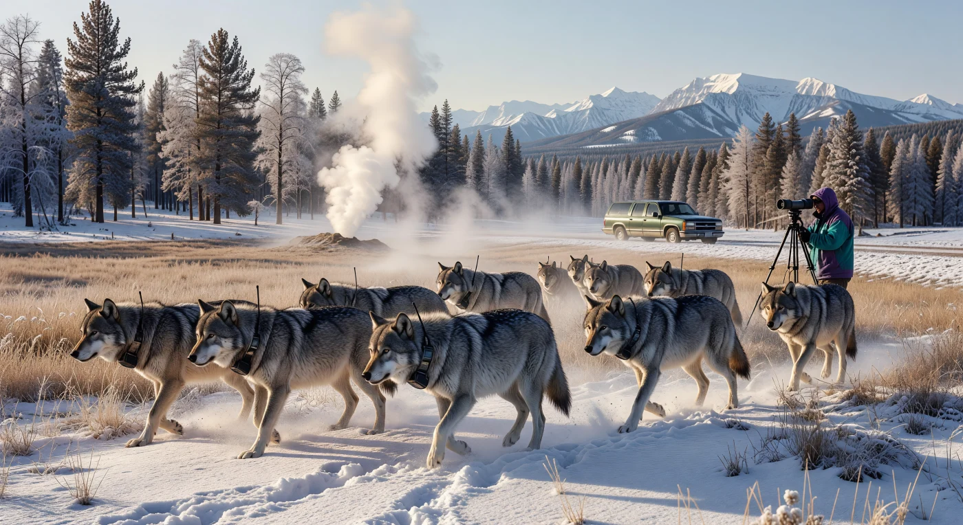 Uma alcateia de lobos-cinzentos atravessa o Vale de Lamar sob a névoa de fontes termais durante o inverno de 1995, marcando o retorno histórico da espécie ao Parque Nacional de Yellowstone. Originários do Canadá e equipados com coleiras de rádio VHF para monitoramento científico, estes predadores foram fundamentais para a restauração do equilíbrio ecológico e da biodiversidade no Oeste Americano após décadas de ausência. A cena captura o contraste vívido entre a resiliência da vida selvagem e o rigoroso esforço de conservação que definiu a gestão ambiental no final do século XX.
