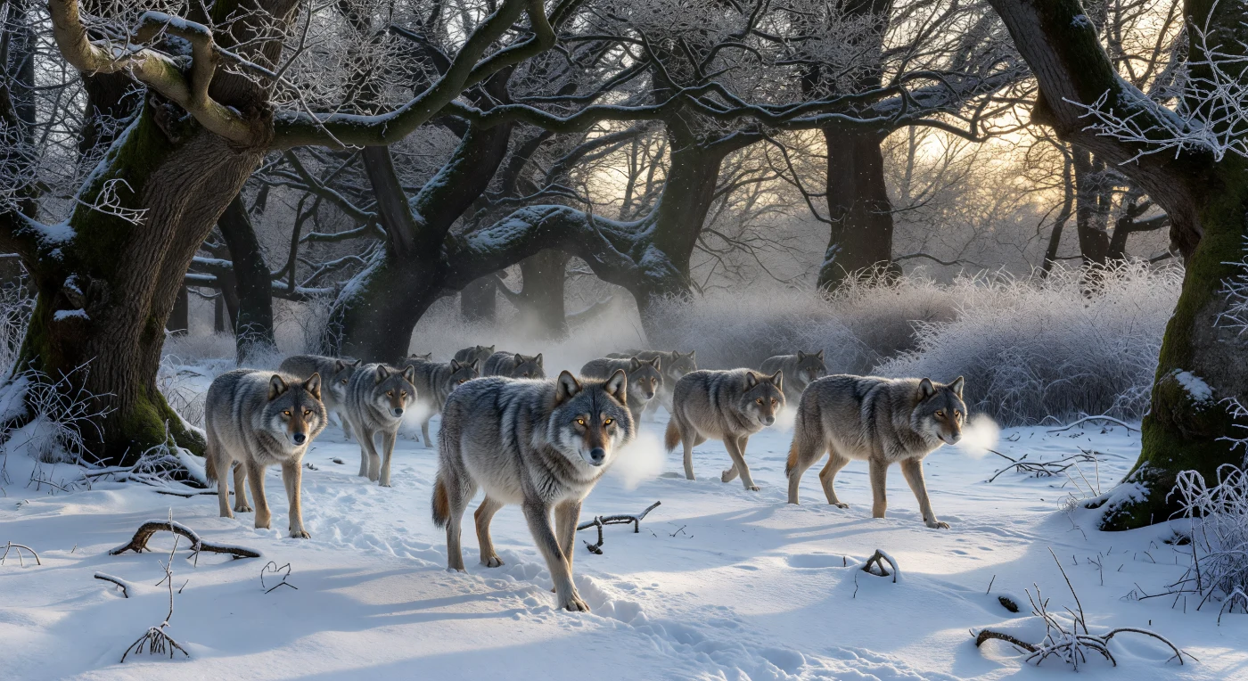 Una manada de lobos grises europeos acecha a través de un denso bosque de hayas y robles cubiertos de escarcha durante los gélidos inviernos de la Pequeña Edad de Hielo en el siglo XV. Estos depredadores, visiblemente delgados por la escasez de presas pero protegidos por densos pelajes invernales, representan la cruda realidad de una naturaleza salvaje que aún cercaba los asentamientos humanos en la Baja Edad Media. La luz pálida del atardecer resalta el vapor de sus alientos y sus miradas de acecho, capturando un momento de supervivencia extrema en un continente transformado por un enfriamiento climático global.