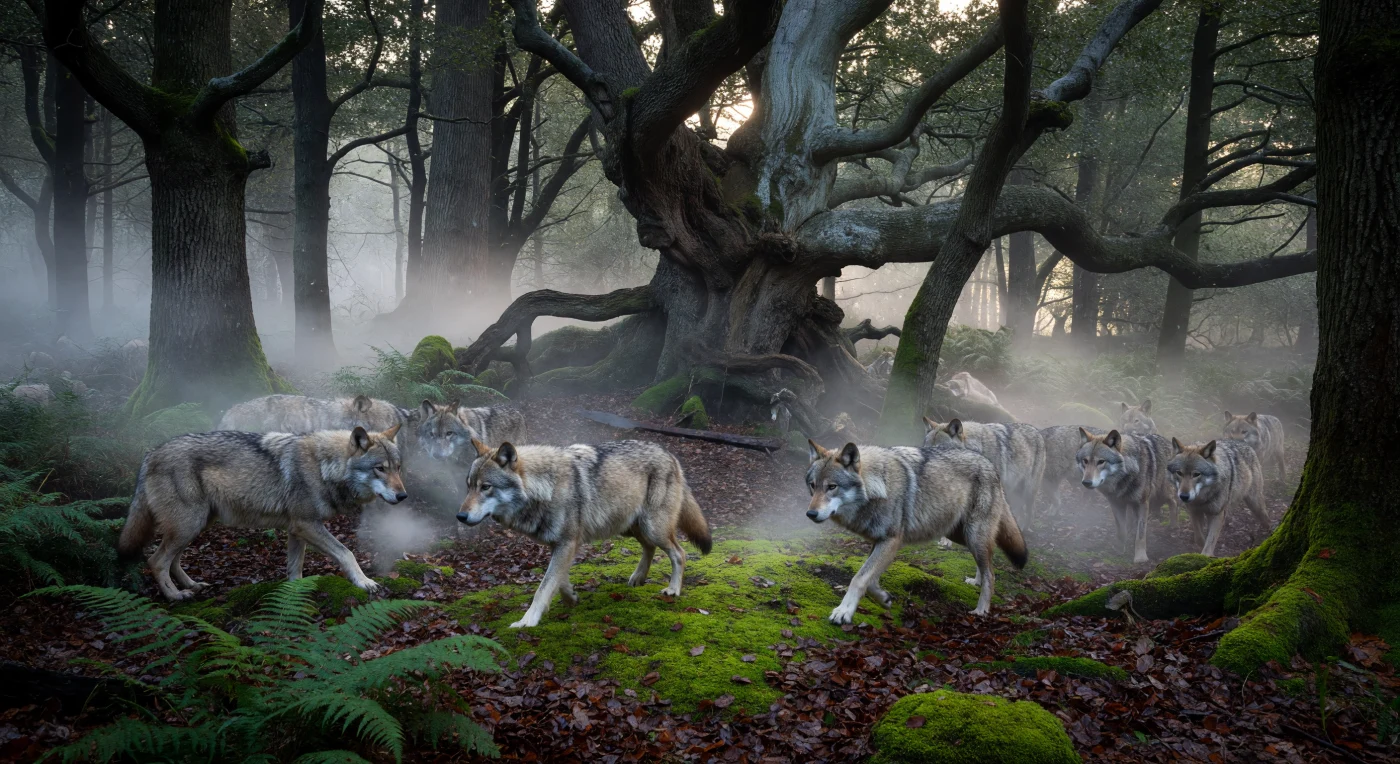 Una manada de lobos grises europeos se desplaza con sigilo entre los robles y hayas del ancestral bosque de Hercinia, cuya densa vegetación y niebla matutina evocan la naturaleza indómita del siglo VIII. Entre las raíces cubiertas de musgo, una punta de lanza franca olvidada atestigua las incursiones humanas en una selva primordial que los habitantes del medievo temprano percibían con una mezcla de asombro espiritual y temor físico. Esta escena ilustra la vasta biodiversidad de la Europa altomedieval, un tiempo donde los grandes depredadores aún reinaban en los confines de la civilización.