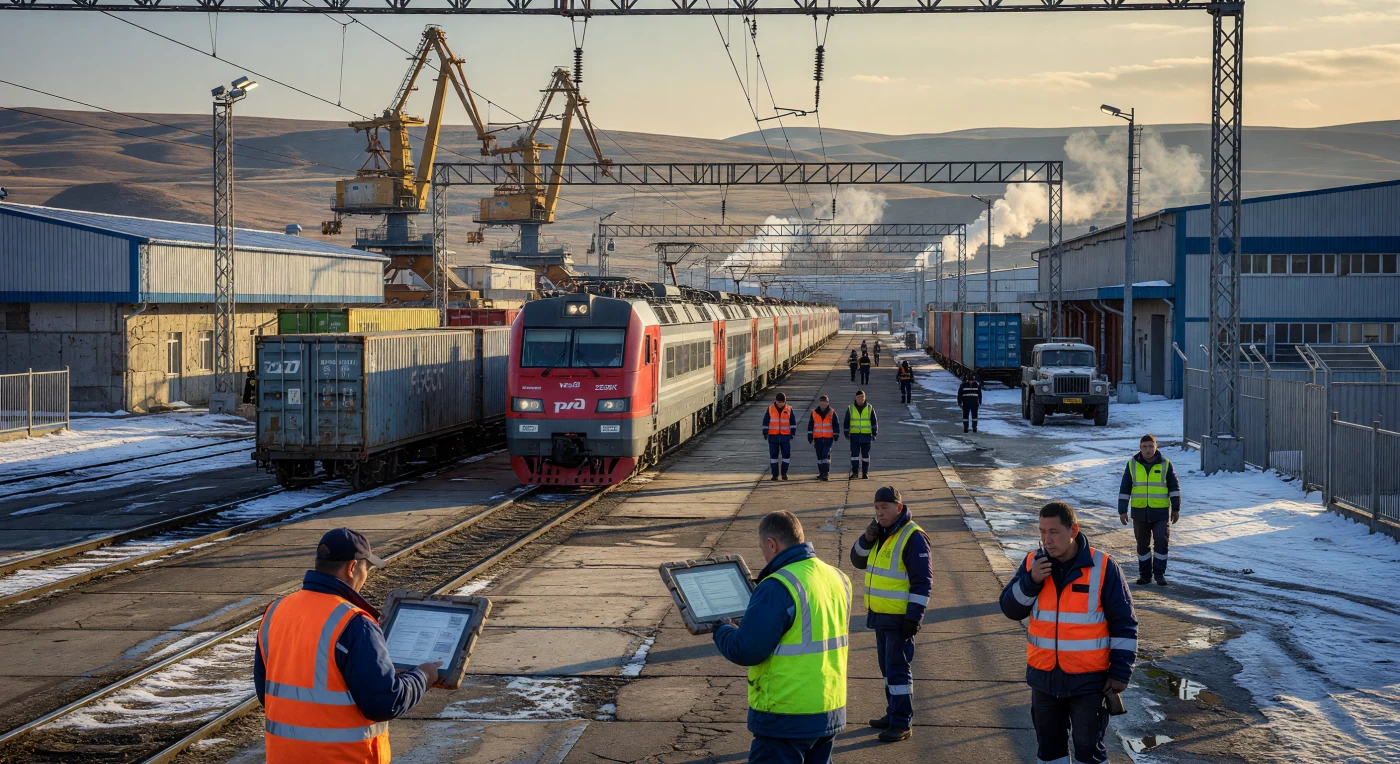 Au cœur du terminal frontalier de Zabaikalsk, une puissante locomotive électrique RZD 2ES5K « Yermak » tracte un convoi de conteneurs internationaux, illustrant le rôle vital du corridor transsibérien dans le commerce mondial entre l'Asie et l'Europe. Des travailleurs russes et bouriates, équipés de tablettes numériques et de gilets de haute visibilité, y supervisent le flux de marchandises, marquant la transition technologique de cette région stratégique au cours de l'ère numérique. Entre les grues portuaires massives et la steppe aride du Transbaïkal, cette scène capture l’alliance unique entre l’endurance sibérienne traditionnelle et les infrastructures logistiques de pointe du XXIe siècle.