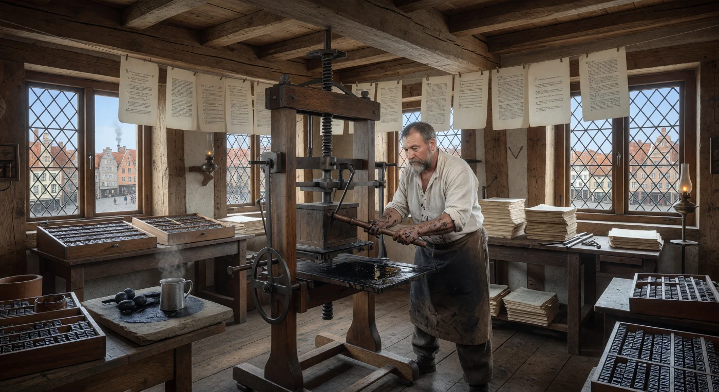 Dans cet atelier baigné par la lumière matinale d'une cité hanséatique, un maître imprimeur actionne une imposante presse en chêne pour marquer des feuilles de papier chiffon de caractères mobiles en plomb. Ce travail minutieux illustre la révolution des communications du XVIe siècle, une période charnière où l'imprimerie a transformé l'Europe en permettant une diffusion sans précédent des idées et du savoir. L'atmosphère, marquée par l'odeur de l'encre à l'huile de lin et la précision des fontes de métal, témoigne de l'effervescence intellectuelle et technique qui a jeté les bases de la modernité.