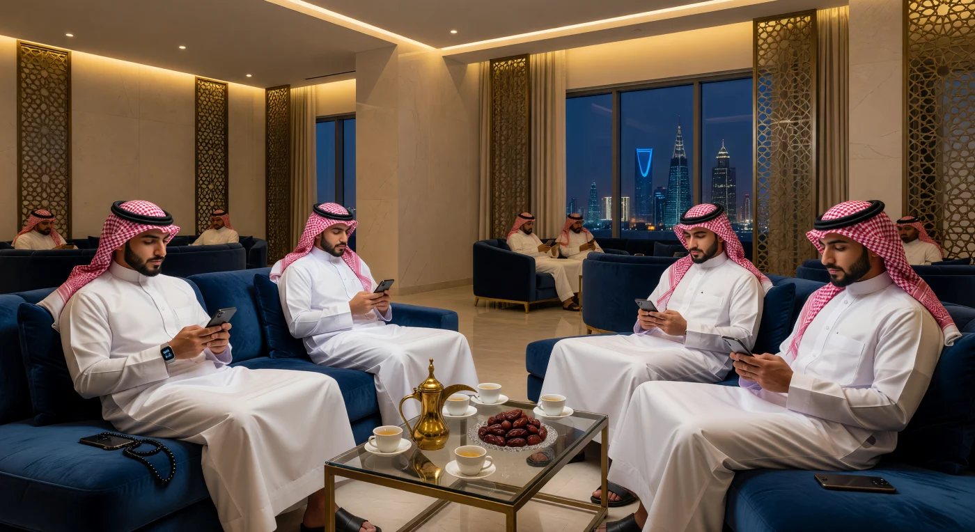 In un moderno majlis a Riad, un gruppo di giovani sauditi in thobe e ghutra impeccabili si rilassa su divani di velluto, con i volti illuminati dal bagliore blu di smartphone e tablet di ultima generazione. La scena fonde l'ospitalità millenaria, rappresentata dal tradizionale caffè gahwa e dai datteri Sukkari, con l'estetica futuristica dello skyline cittadino che svetta oltre le grandi vetrate. Questa immagine cattura l'essenza dell'era digitale nel Golfo, dove una popolazione prevalentemente giovane naviga tra l'iper-modernità tecnologica e la conservazione di radici culturali profonde.