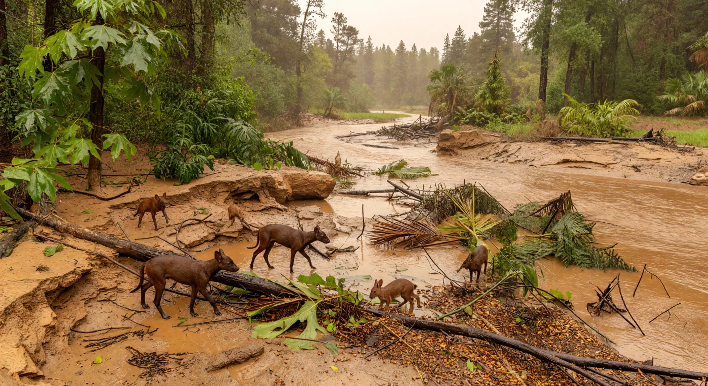 Após uma chuva torrencial no PETM, a margem lamacenta de um rio na Bacia de Bighorn, no atual Wyoming, surge coberta por troncos arrancados, ramos encharcados e folhagem subtropical brilhante de Platanus, loureiros, palmeiras e fetos-arborescentes. Entre os detritos, pequenos mamíferos primitivos como Hyracotherium — um equídeo inicial do tamanho de um cão — e Diacodexis — um artiodáctilo minúsculo, do tamanho de um coelho — procuram sementes e folhas, cautelosos sobre a lama fresca. Esta cena data de cerca de 56 milhões de anos, no limite entre o Paleoceno final e o Eoceno inicial, durante o Máximo Térmico do Paleoceno-Eoceno, um episódio de aquecimento global abrupto que transformou o Hemisfério Norte em paisagens quentes, húmidas e exuberantes.