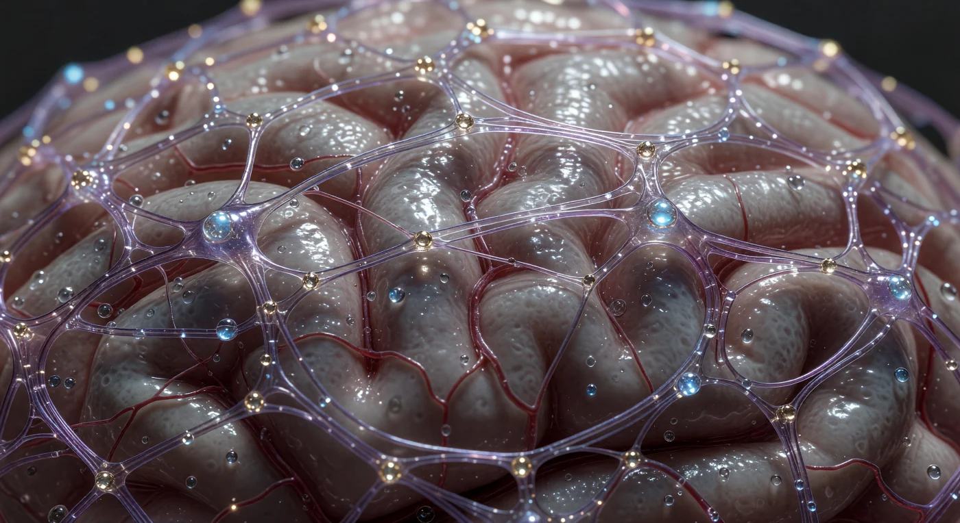 यह १००० गुणा आवर्धन पर लिया गया सूक्ष्म चित्र 'सिनैप्टिक वीव' (Neural-Lace 2.0) को दर्शाता है, जहाँ बैंगनी और चांदी के रंग के ग्राफीन-सिल्क तंतु एक जीवित मानव मस्तिष्क के सेरेब्रल कॉर्टेक्स की गुलाबी-धूसर सतह के साथ जटिल रूप से गुंथे हुए हैं। २२वीं शताब्दी के 'द कन्वर्जेंस' युग के दौरान २११४ के आसपास विकसित यह तकनीक जैविक चेतना और डिजिटल डेटा के पूर्ण एकीकरण का प्रतिनिधित्व करती है। सूक्ष्म सोने के नोड्स वैन डेर वाल्स बलों के माध्यम से न्यूरॉन्स से जुड़कर मस्तिष्क की विद्युत-रासायनिक गतिविधियों को रीयल-टाइम क्वांटम डेटा में परिवर्तित करते हैं, जिससे मानव मस्तिष्क एक ऐसे जैविक महाद्वीप की तरह प्रतीत होता है जिसे एक चमकते हुए ज्यामितीय मकड़जाल ने अपने घेरे में ले लिया हो।