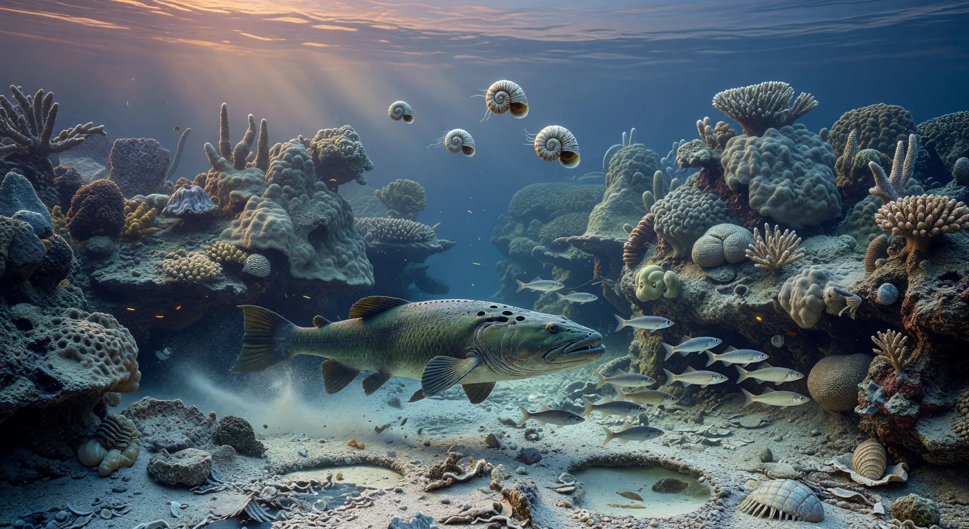 At dusk along a Late Devonian reef-margin channel on the northern Australian margin of Gondwana, a predatory tetrapodomorph fish, Mandageria, lunges through a flashing school of small early ray-finned fishes while coiled Tornoceras ammonoids drift in the open water above. The scene is set about 370–360 million years ago among stromatoporoid sponges, tabulate corals, and solitary rugose corals—reef builders that dominated Devonian seas long before modern coral reefs evolved. Together these animals capture a world near the close of the “Age of Fishes,” when armored and lobe-finned vertebrates flourished in warm marine habitats.