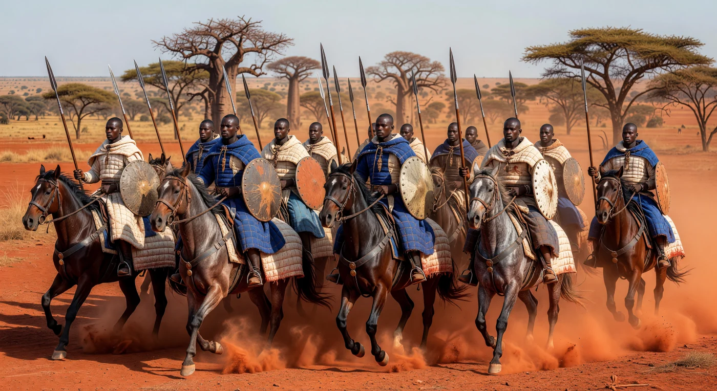 Elite Mandinka cavalrymen of the 13th-century Mali Empire charge across the red laterite savanna, demonstrating the military sophistication of West Africa’s High Middle Ages. These riders are protected by *lifidi*—heavy, hand-stitched quilted cotton armor—and are mounted on North African Barb stallions draped in matching protective caparisons. Such formidable heavy cavalry units were instrumental in the expansion of the empire under the leadership of Sundiata Keita, securing the vast territories and trade routes that made Mali one of the wealthiest states in the medieval world.